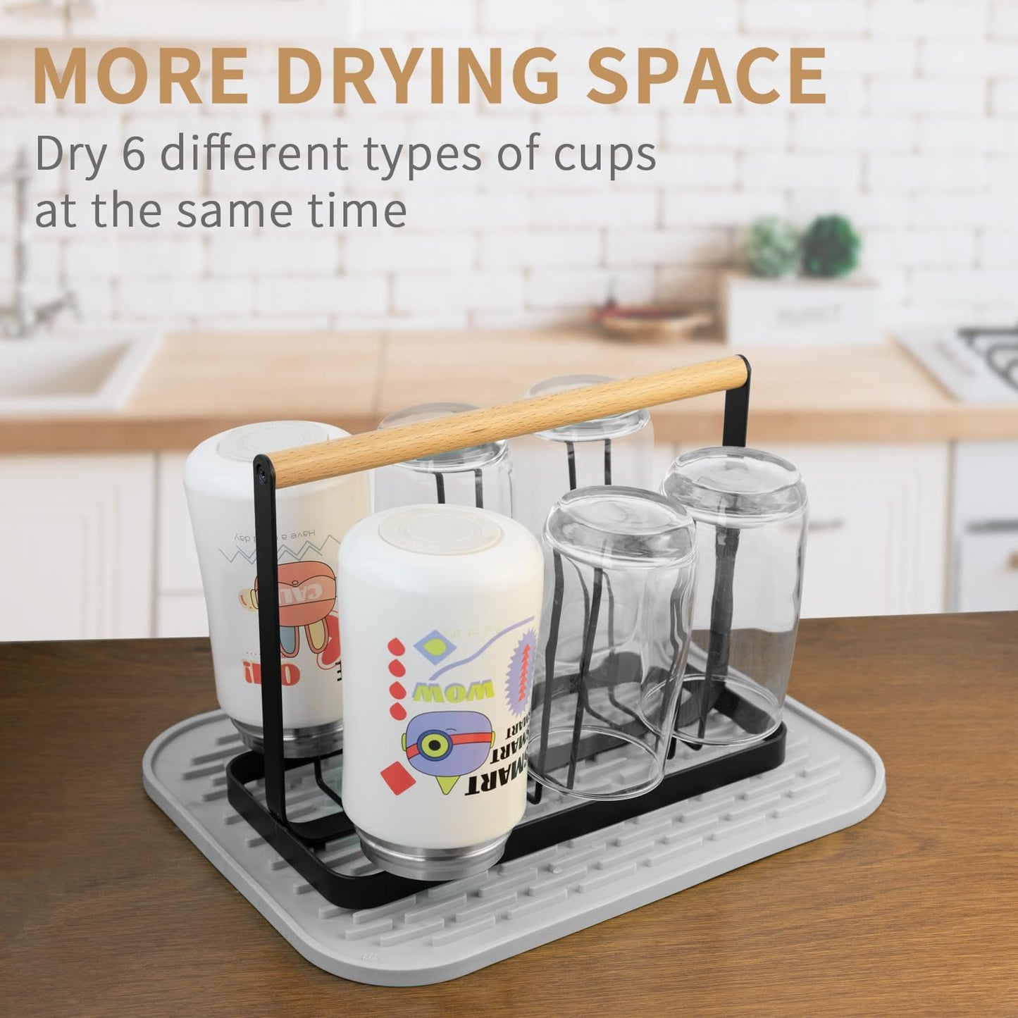 Cup Drying Rack Stand,Beer Glasses Rack 6 Cup Metal Drainer Holder Rack Non-Slip Mugs Cups Organizer with Wood Handle, Black