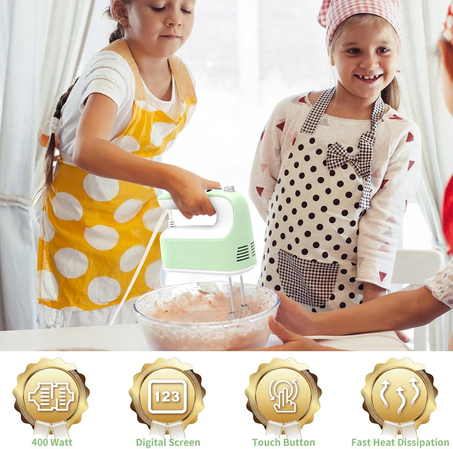 CBQ Hand Mixer Electric, 9 Speed 400W Handheld Mixer with Digital, Touch Button, Turbo, Snop-On Storage Case, 5 Stainless Steel Accessories, Mixer Electric Handheld for Cake, Cookie, Egg (Grass Green)