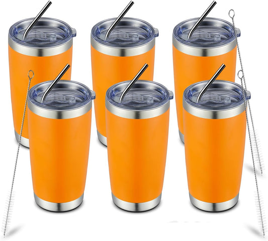 COMOOO 20oz Tumbler Bulk Double Wall Vacuum Insulated Travel Mug, Stainless Steel Tumbler with Lid and Straw Durable Powder Coated Insulated Coffee Cup for Cold & Hot Drinks (Orange, 6 pack)