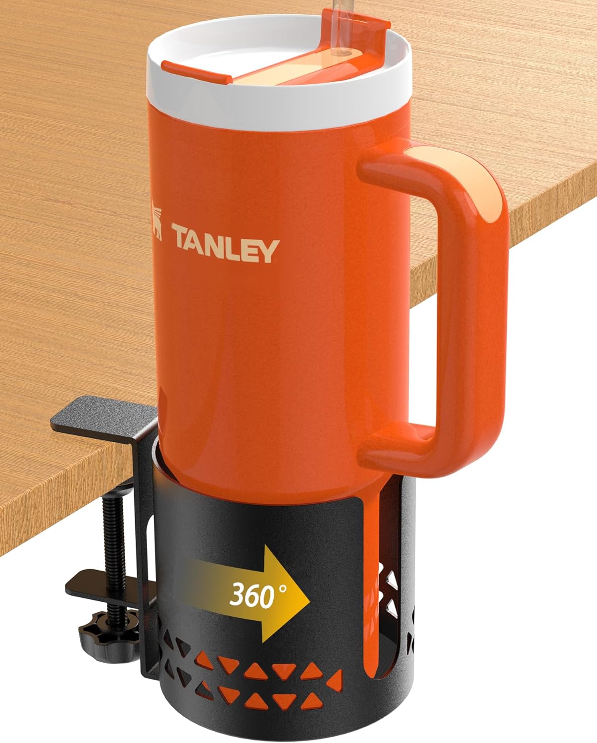 Desk Cup Holder Metal Under Desk 360° Rotating PC Gaming Accessories Anti-Spill Table Cup Holder Clamp on Chair for Coffee Mugs Stanley YETI Bottles, Pencil Holder