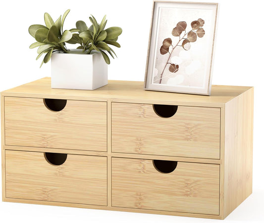 Bamboo Desk Organizer with Drawers - Small Desktop Countertop Mini Tabletop Storage Container - No Assembly Required