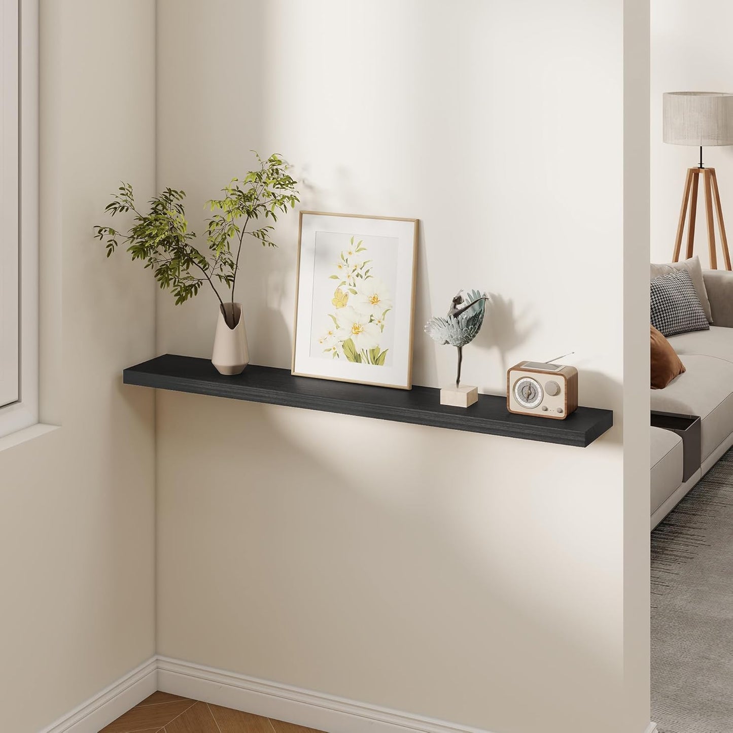 Fun Memories Rustic Real Wood Floating Shelves, 8 Inch Deep Floating Shelf Wall Mounted, 48" W x 8" D Wall Shelves Storage Shelves for Living Room, Bedroom, Bathroom, Black Finish, Set of 1