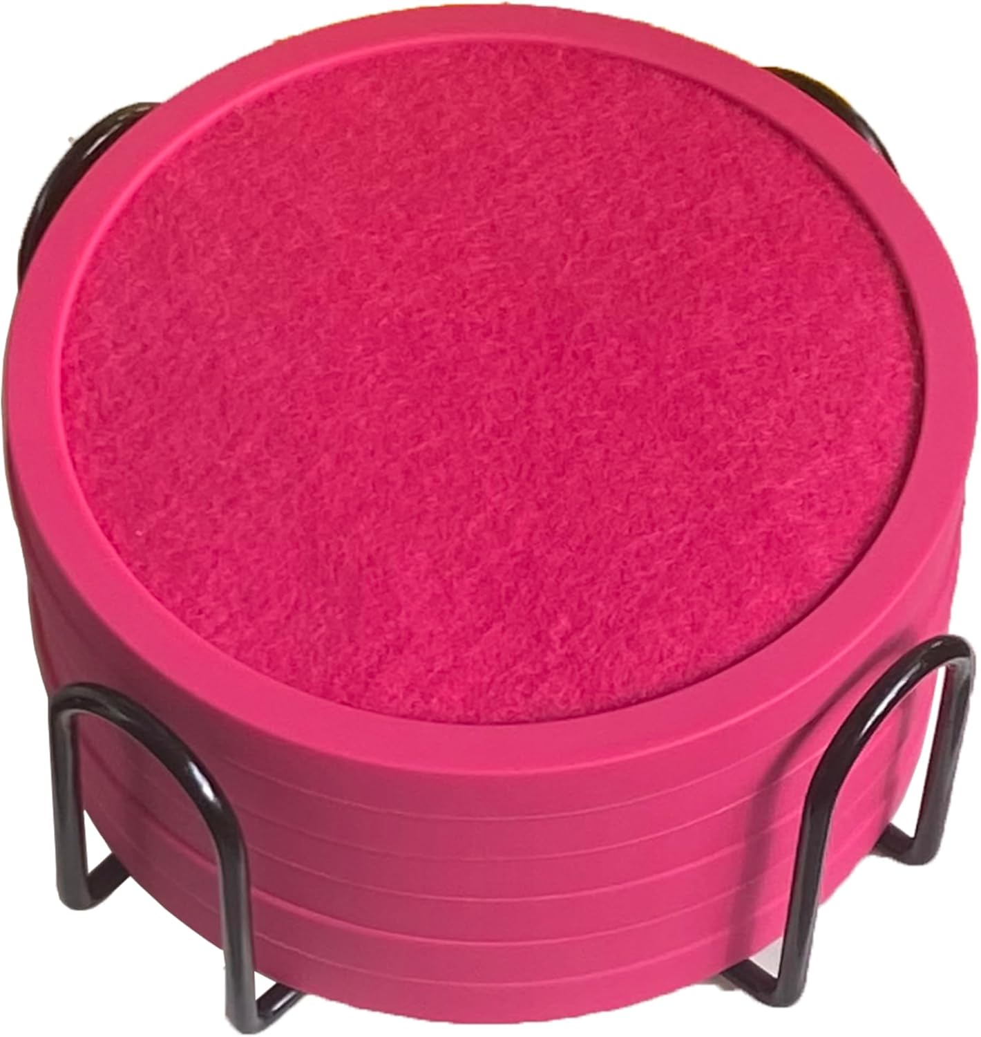 Absorbent Coasters for Drinks with Holder - 6packs, Silicone Coaster with Soft Felt Insert (4.3 inch Coasters with 4.5 inch Holder, Pink)