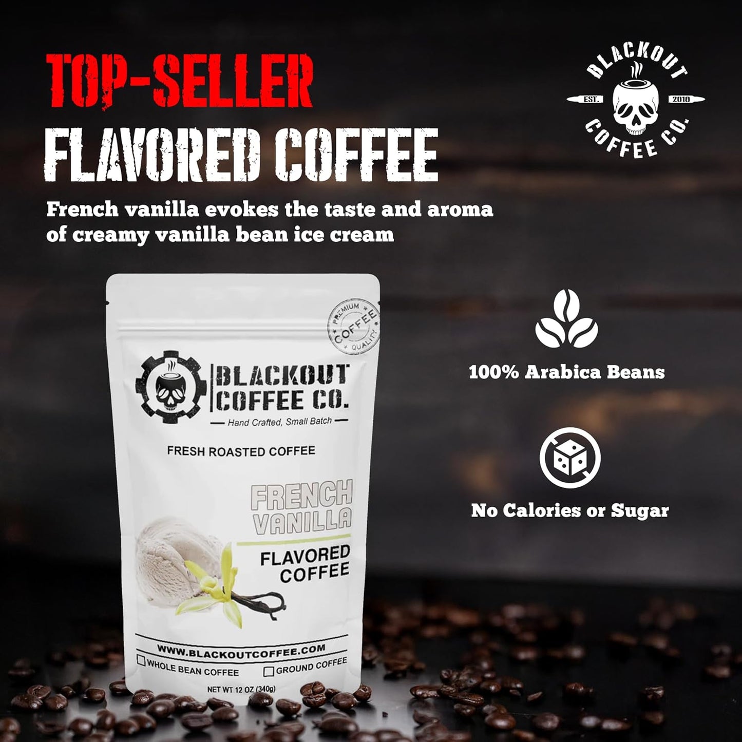 Blackout Coffee French Vanilla Flavored Coffee - Ground Coffee, Fresh Roasted In the USA,12 oz Pouch