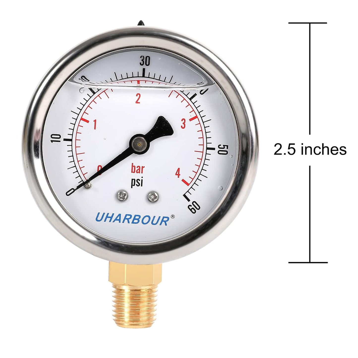 Glycerin Filled Low Pressure Gauge 60psi/4bar, Stainless Steel case, Brass Inside Construction, 2-1/2" dial, 1/4" NPT Rear Connection