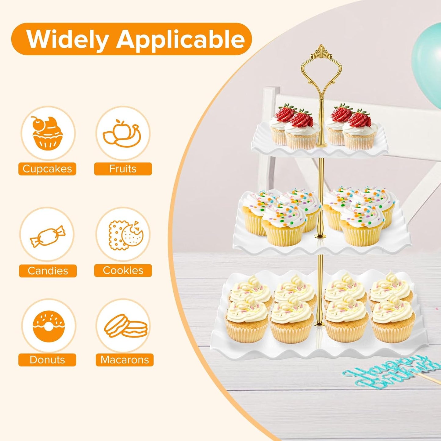 Hoedia 3 Tier Cupcake Stand Tower, Plastic White Cup Cake Holder for Dessert stands, Tiered Serving Tray for Tea Party, Birthday Party, Wedding Decor and Baby Shower(Square Wave)