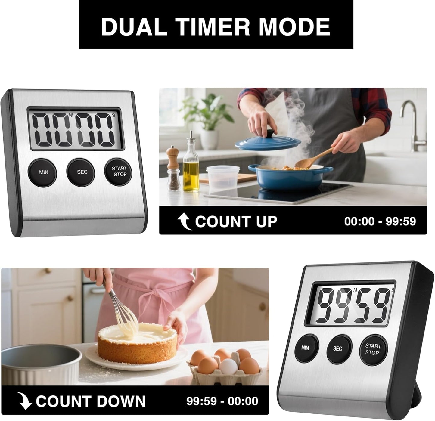 Digital Kitchen Timers for Cooking Strong Magnetic Stainless Steel Countdown Timer for Baking Exercise Office Classroom-2PACK