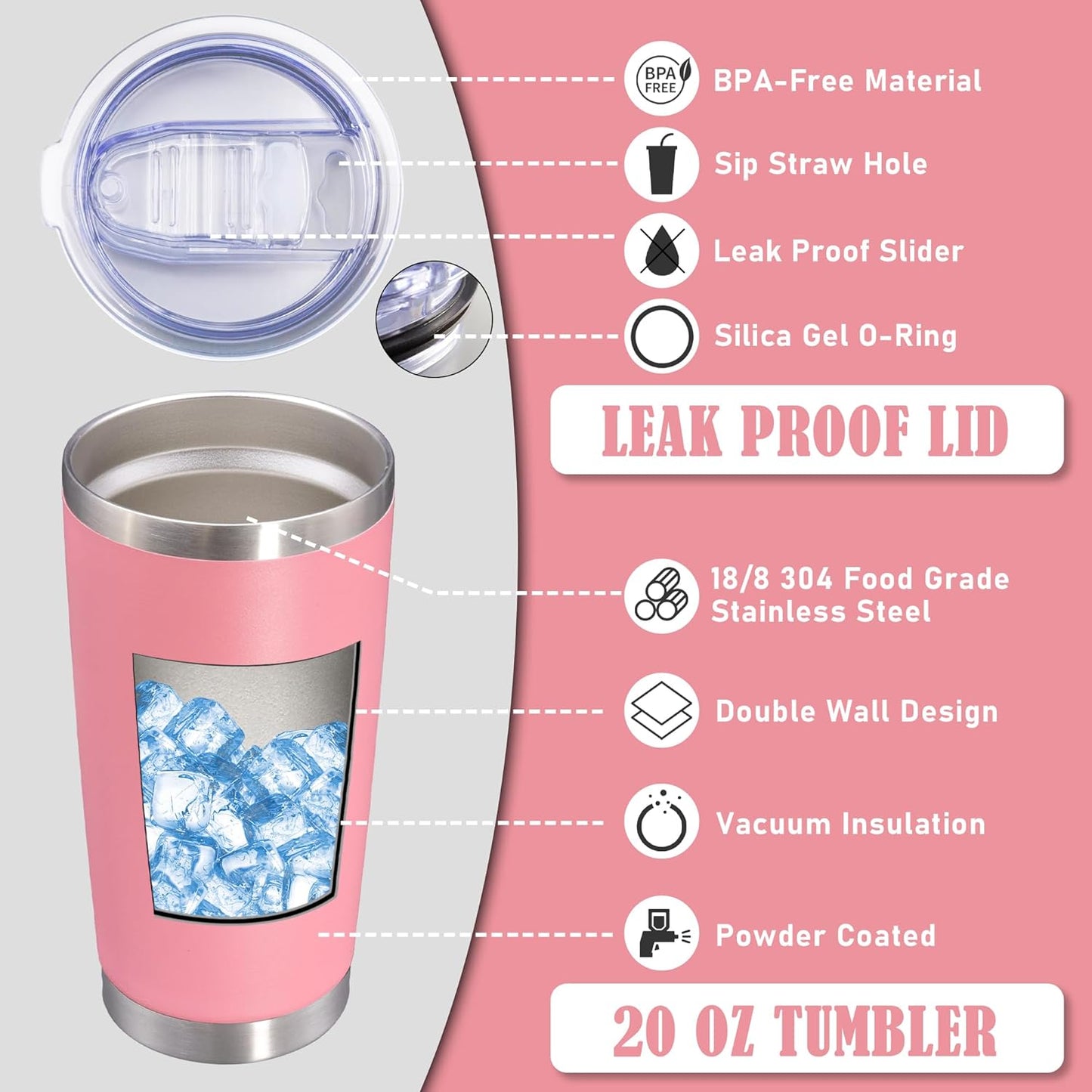 20 oz Tumbler Coffee Tavel Tumblers Bulk with Lid Stainless Steel Double Wall Vacuum Insulated Mug Powder Coated Cups fit Car Cupholder for Hot and Cold - Pink, 12Pack
