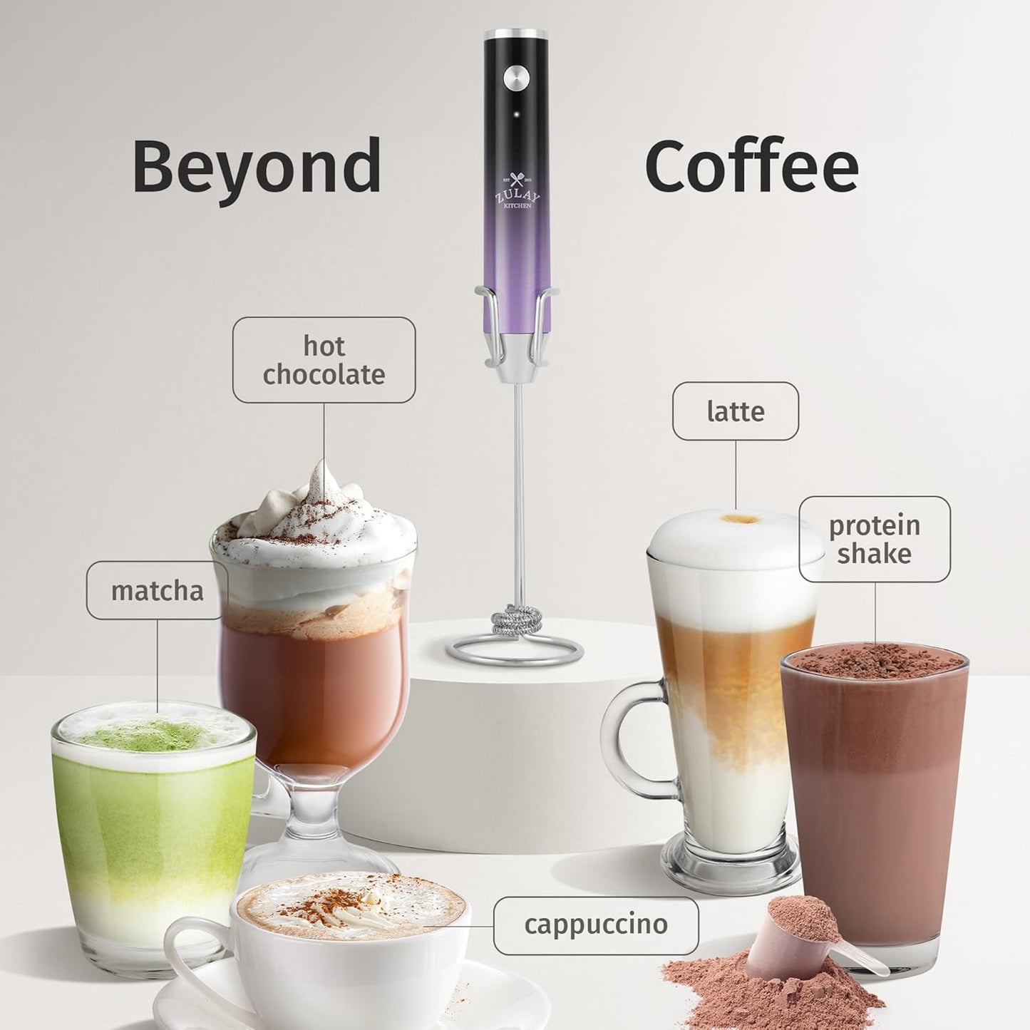 Zulay Kitchen Lux Rechargeable Milk Frother Handheld - Powerful 2-Speed Motor, Fully Waterproof, 2000mAh Battery - Drink Mixer For Latte, Cappuccino, Matcha, Protein Powder - Galaxy