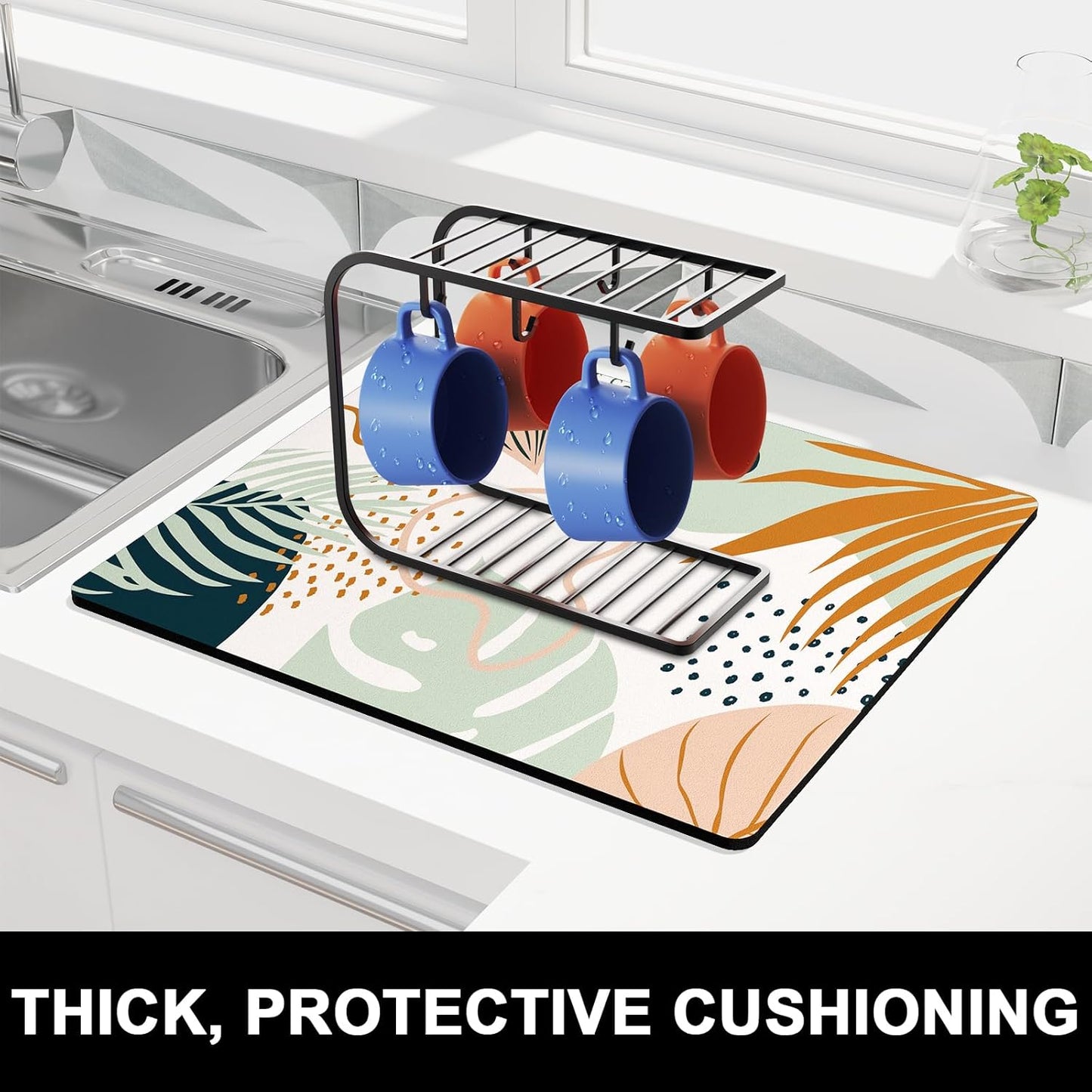 Rnivvi Dish Drying Mat for Kitchen Counter, 16 x 18" Cute Boho Theme Absorbent Heat Resistant Drying Pad with Non-slip Rubber, Coffee Bar Mats for Coffee Machine Dish Rack, Tropical Leaves