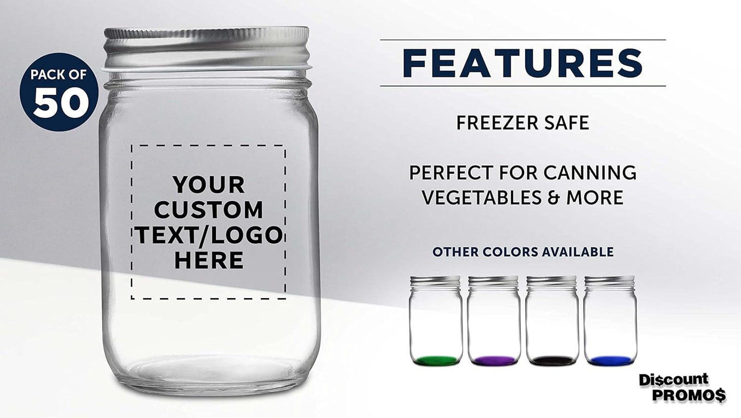 DISCOUNT PROMOS 50 Decorating Mason Jars Set, 12 oz. - Customizable Text, Logo - Canning, Aluminum Lid - Clear