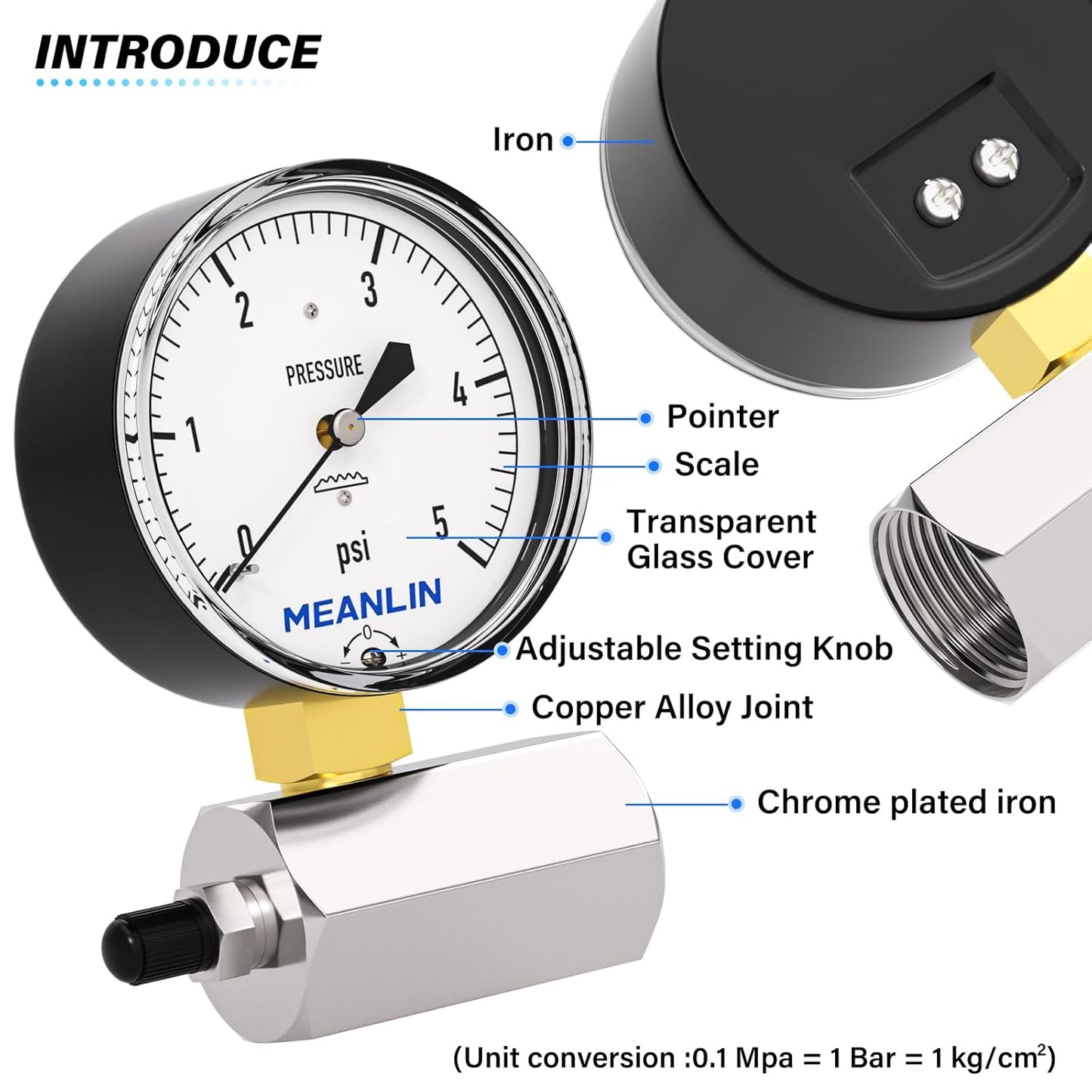 MEANLIN MEASURE 0-5Psi Diaphragm Type Capsule Low Pressure Gauge with 3/4" FNPT Connection Valve, 2-1/2" FACE DIAL Adjustable Air Test Pressure Gauge