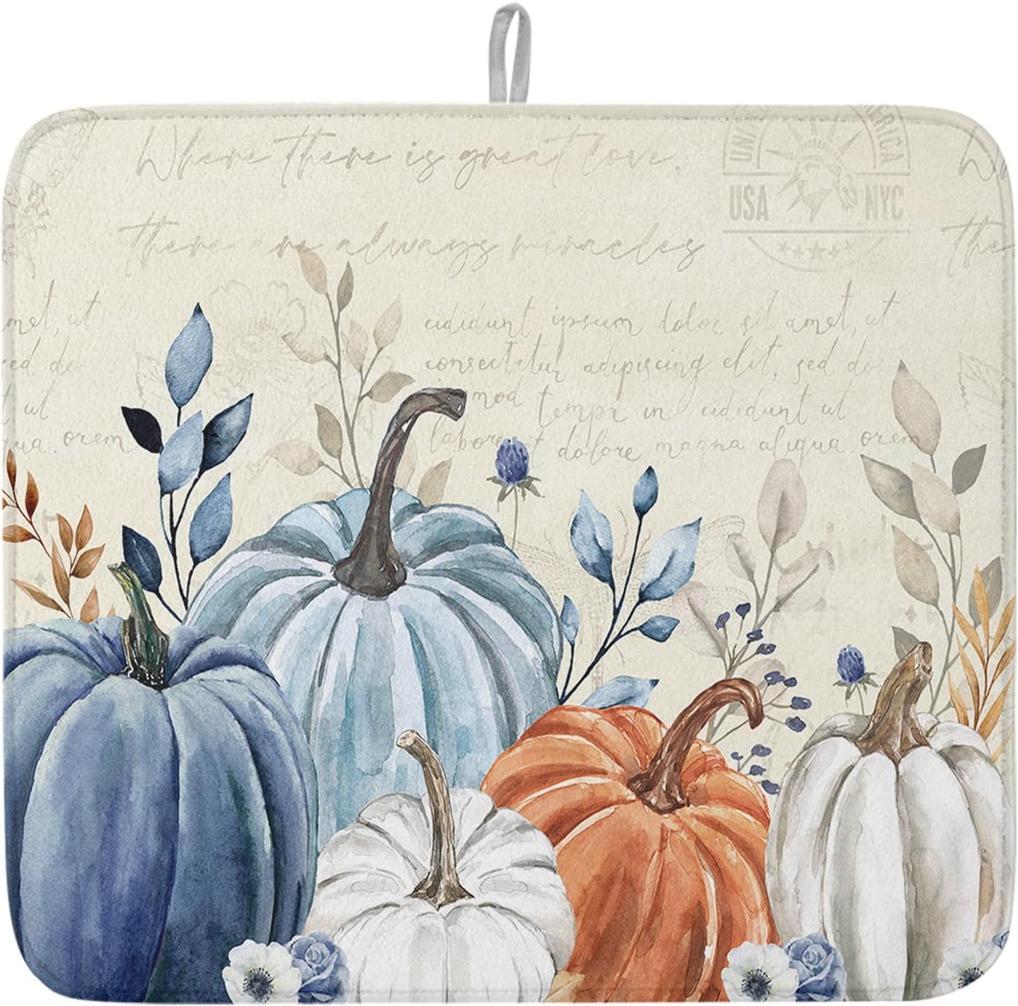 Fall Dish Drying Mat for Kitchen Counter Blue Pumpkin Drying Pad Absorbent Drying Mats for Countertops Sinks Draining Racks Floral Leaves Drainer Holiday Harvest Thanksgiving Decorations 18x24