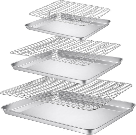 P&P CHEF 16 + 12.5 + 9 Inch Baking Sheet and Rack Set, Stainless Steel Cookie Sheets Oven Baking Pans Trays with Cooling Racks for Cooking & Roasting, Oven & Dishwasher Safe, (6Pcs)