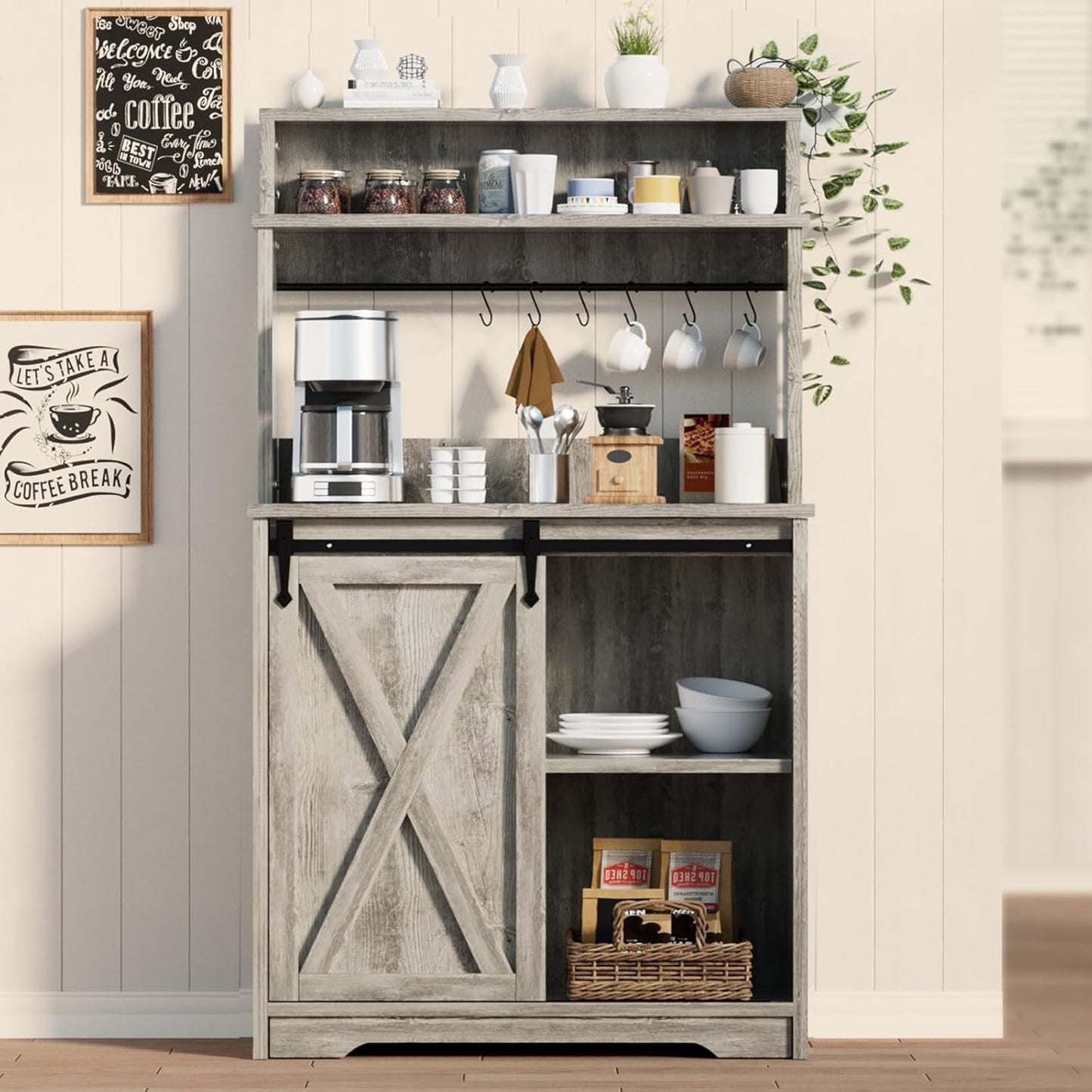 Farmhouse Coffee Bar with 3 Tier Storage Hutch, 56 Inch Small Coffee Station with 6 Hooks, Corner Bar Table with Adjustable Shelves for Living Dining Room (Grey)