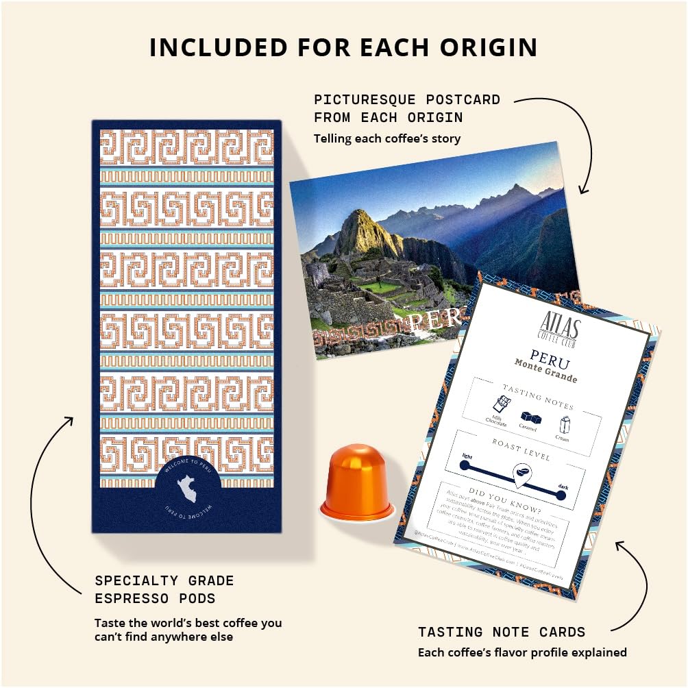 Atlas Coffee Club Espresso Pods Compatible with Nespresso Original– Dark Roast Variety Pack (80 Count)– Aluminum Capsules from Costa Rica, Nicaragua, Guatemala & India– Intensity 8-11