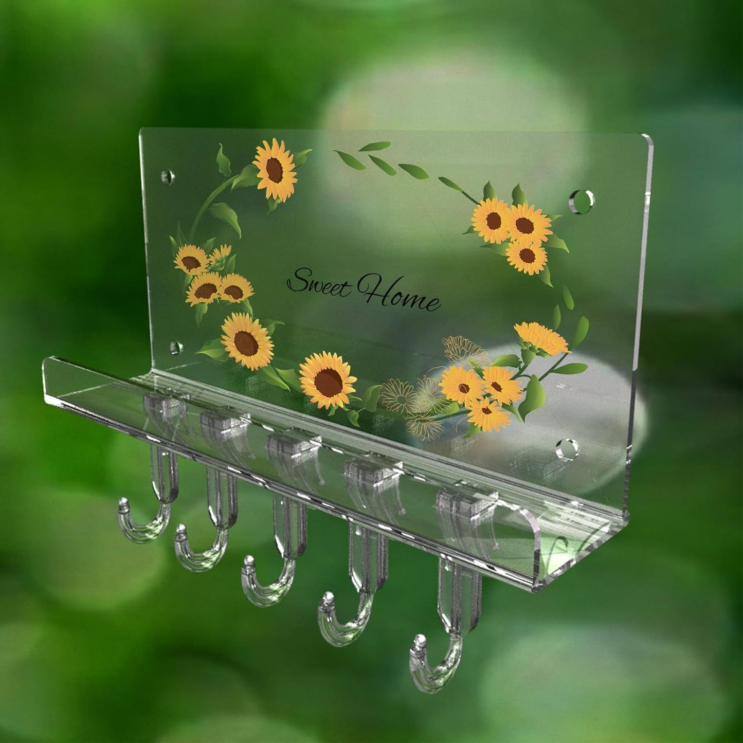 Sunflower Key Holder Wall Mount, Transparent Acrylic Wall Mail Key Organizer Shelf with 5 Hooks Tray for Keys, Mail, Bags Home Decor Key Rack Hanger, Easy Install
