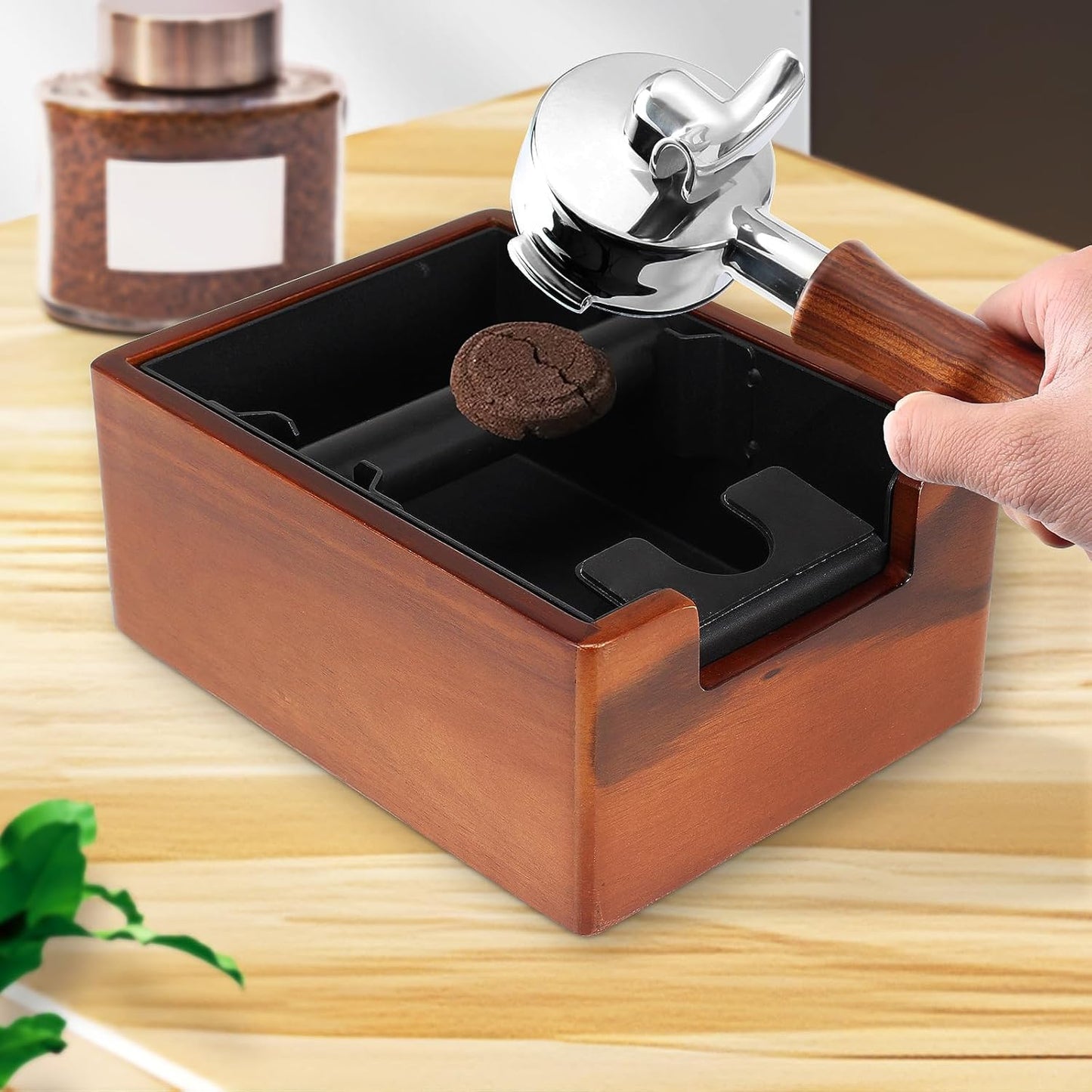 DIBTSA Espresso Knock Box with Tamping Station,Coffee Grounds Pucks Knock Box and portafilter tamper stand,with Removable Rubber Knock Bar and Non-Slip Base
