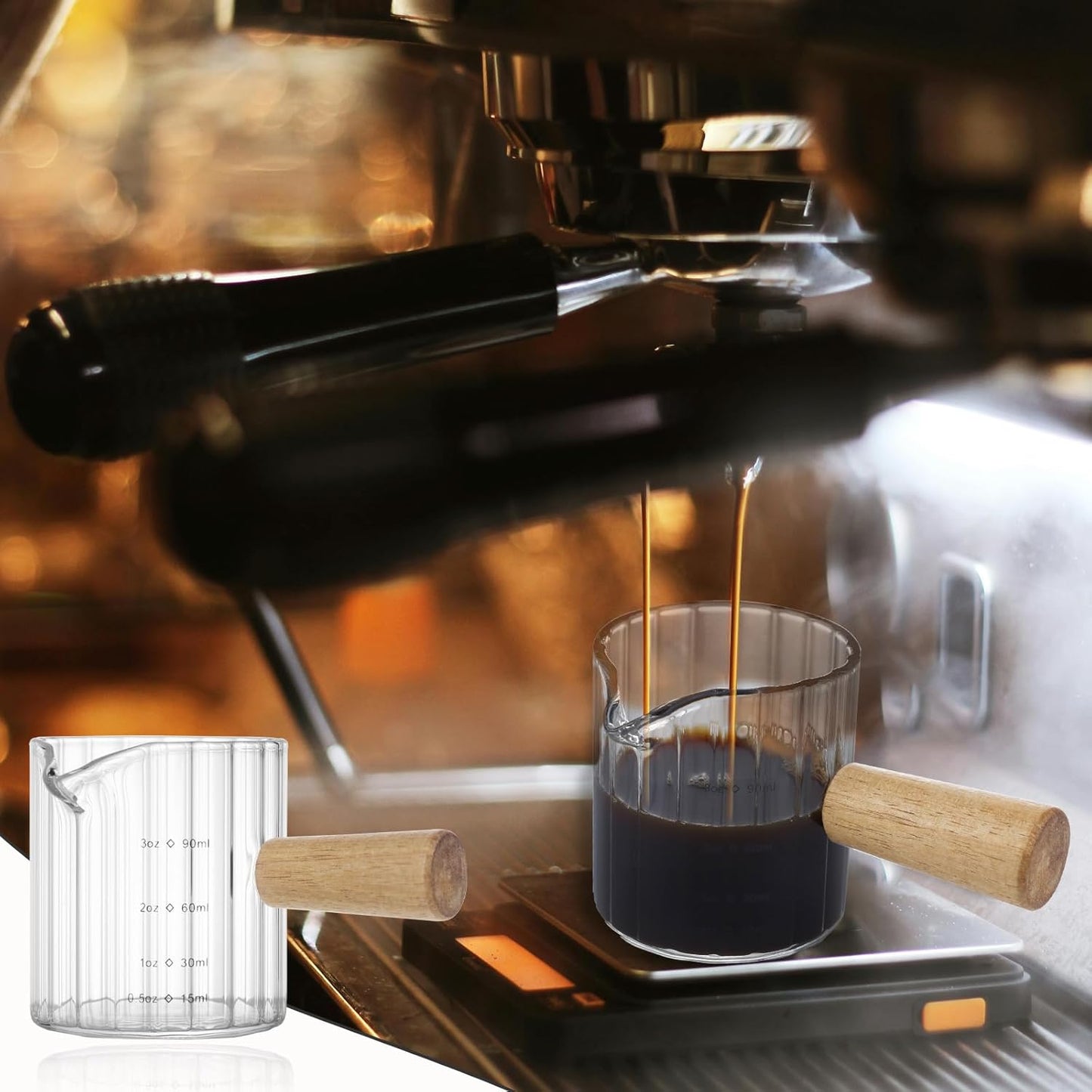 Espresso Measuring Cup 3 Oz, Espresso Glass Cups with Wood Handle, Milk Frothing Cup, Espresso Cup for Coffee, Milk, Tea or Maple Syrup Serving
