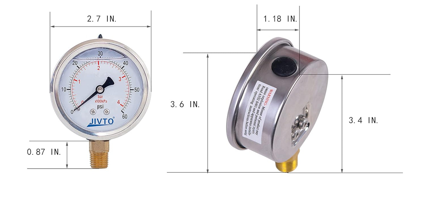 Pressure Gauge,Glycerin Liquid Filled,2-1/2" Dual Scale Dia,0-60 psi/bar/kpa,1/4" NPT Male Brass Connection,Lower Mount, Stainless Steel Case, Pneumatic,Pump,Hose,Well Tank,Gas Air Water Oil