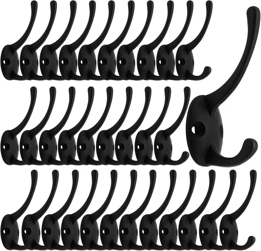IBosins 32 Pack Black Coat Hooks Wall Mounted with 64 Screws Retro Double Hooks Utility Black Hooks for Coat, Scarf, Bag, Towel, Key, Cap, Cup, Hat