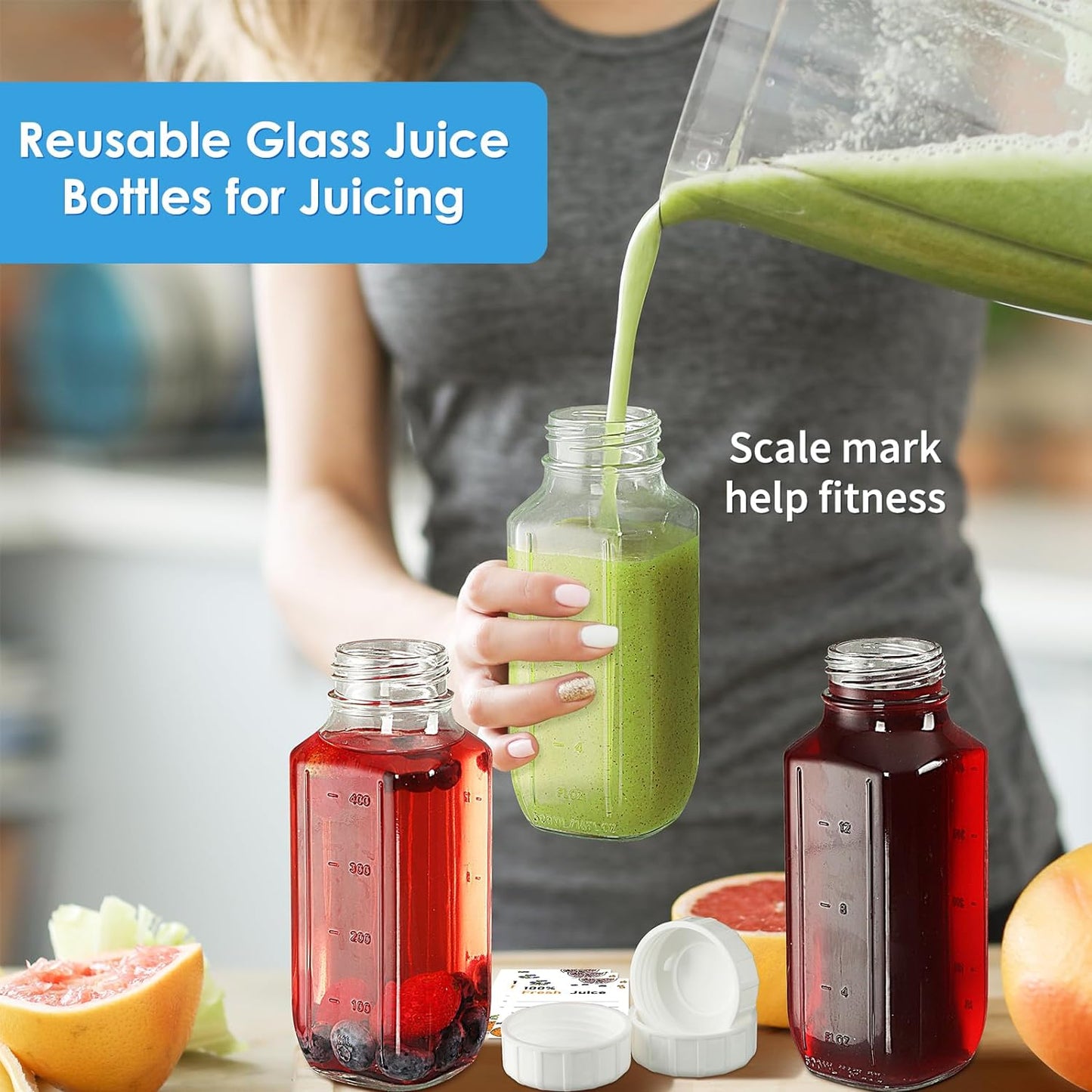 6 Pack 16 Oz Glass Juice Bottles with Pour Spout, 100% Airtight Heavy Duty SCREW Lid- Reusable Glass Milk Bottles w Capacity Mark, Square Drinking Jar Juice Container Breast Milk Pitcher(Extra 2 Lid)