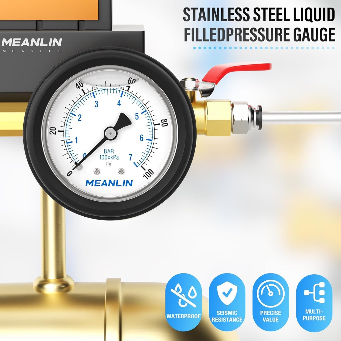 MEANLIN MEASURE 0~100Psi Stainless Steel Liquid Filled Pressure Gauge 1/4" NPT 2.5" FACE DIAL with Rubber Protective Sleeve, Center Back Mount