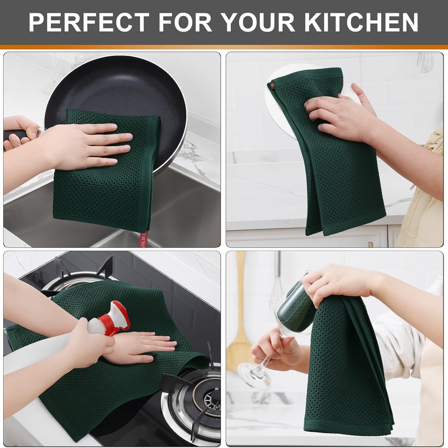 Kitinjoy 100% Cotton Waffle Weave Kitchen Towels, 8-Pack Super Soft and Absorbent Dish Towels for Drying Dishes, Kitchen Hand Towels, 13 in x 28 in, Blackish Green