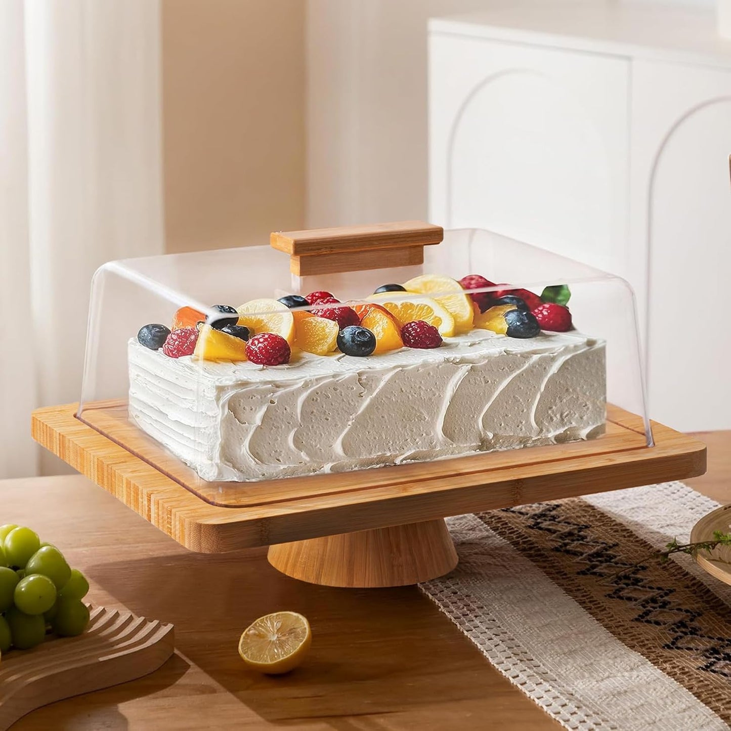 HBlife Cake Stand with Lid (16.5"), Multifunctional Cake Stand with Acrylic Dome, Rectangular Bamboo 2-in-1 Cake Plate Display Stand with Cover for Baking Gifts, Birthday Kitchen Parties, Weddings