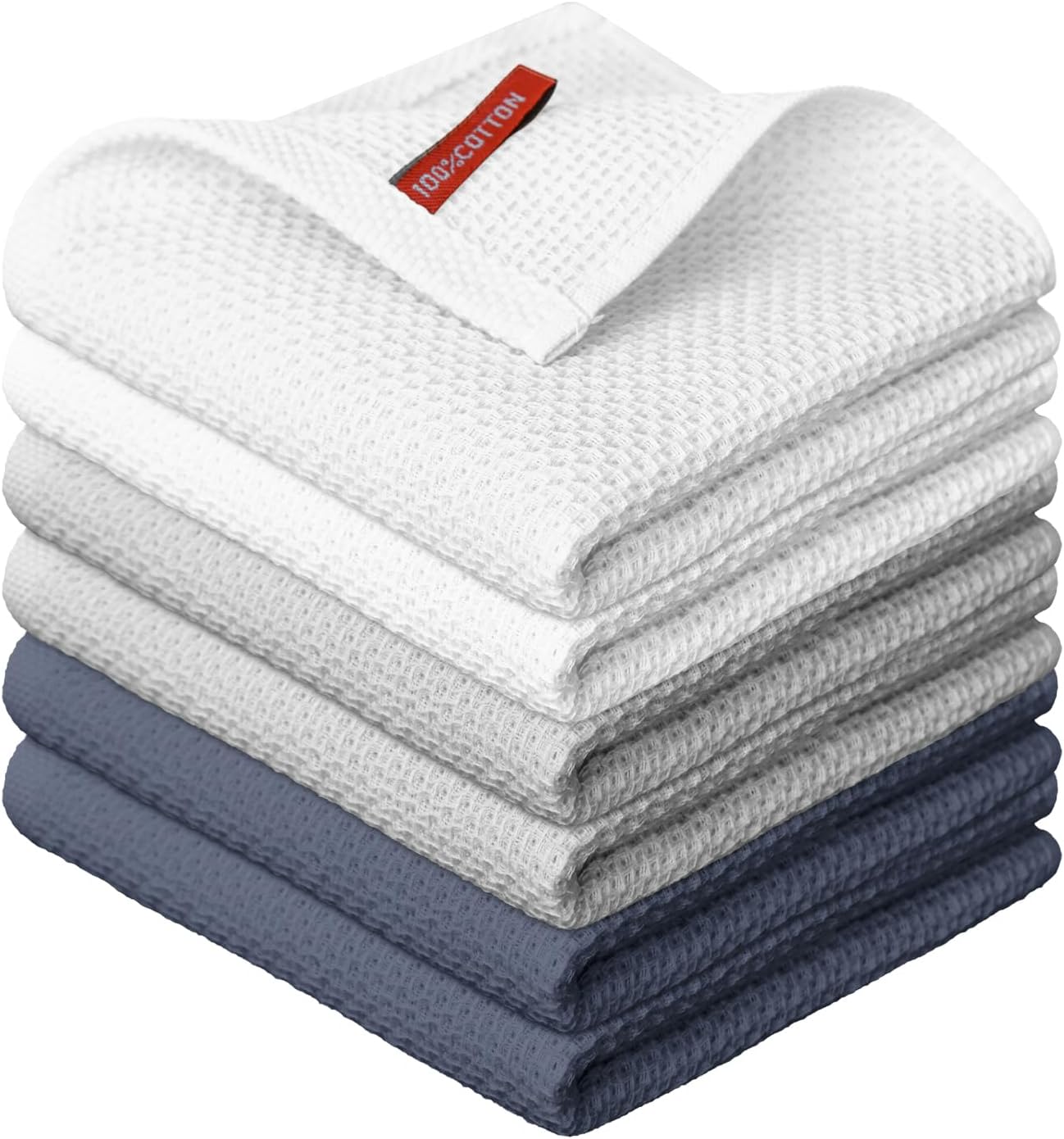 Artoid Mode 100% Cotton White Light Dark Grey Waffle Weave Kitchen Dish Cloths, 12x12 Inch Ultra Soft Absorbent Quick Drying Kitchen Dish Towels Set of 6, Multicolor