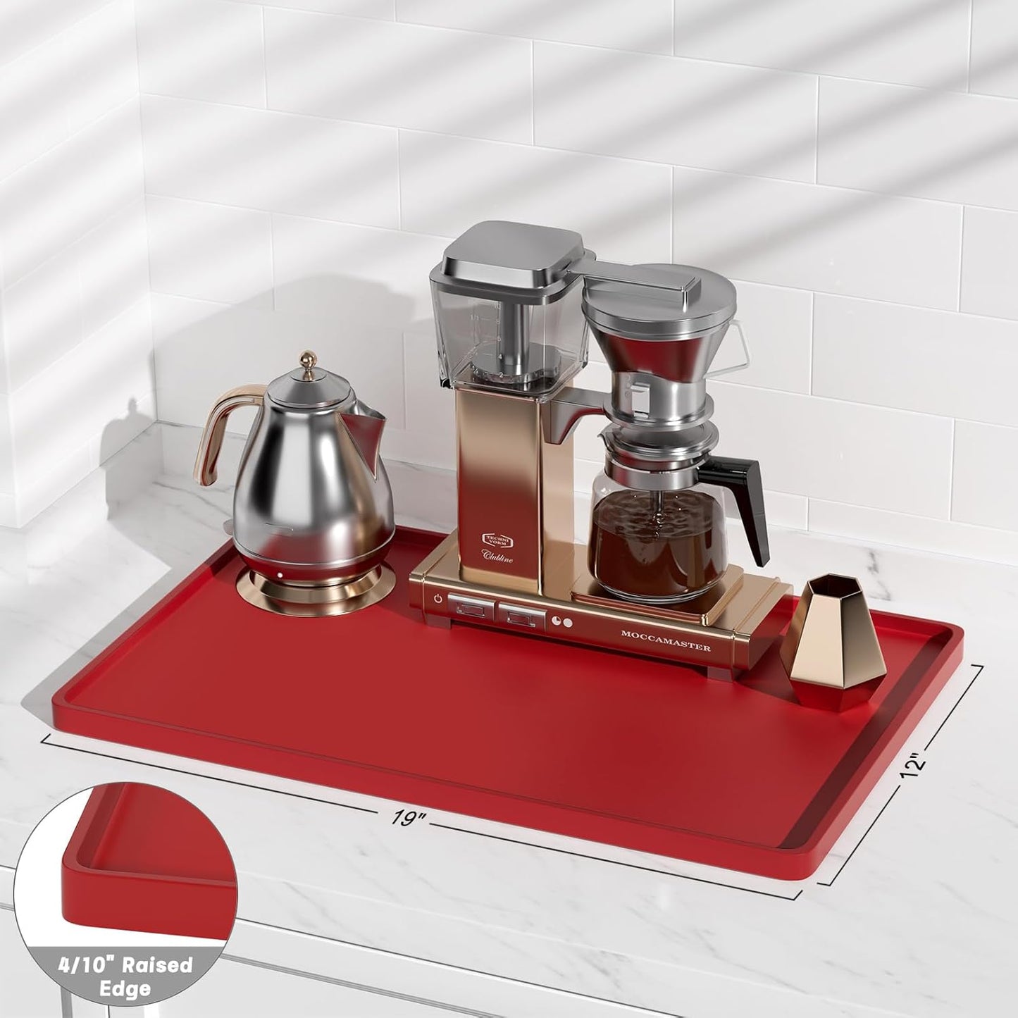 Rnivvi Silicone Coffee Mat, 12" x 19" Waterproof Raised Edge Coffee Bar Mats for Espresso Machine Station Accessories, Heat Resistant Dish Drying Pad for Kitchen Counter, Rubber Bar Decor Pad, Red