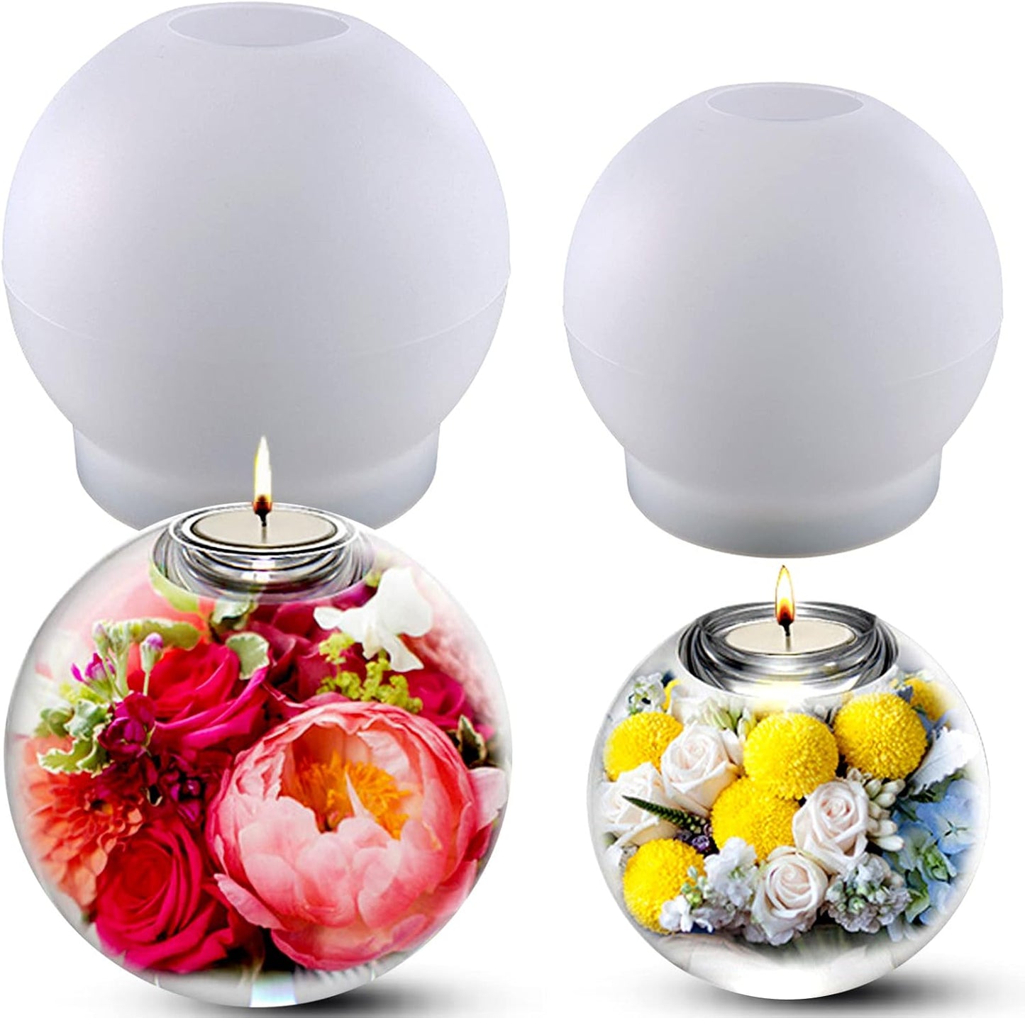 2 Pcs Tealight Candle Holder Resin Molds, Set of Large + Small Sphere Candlestick Silicone Molds for DIY Round Crystals Ball Candle Vessels Craft Epoxy Casting Home Table