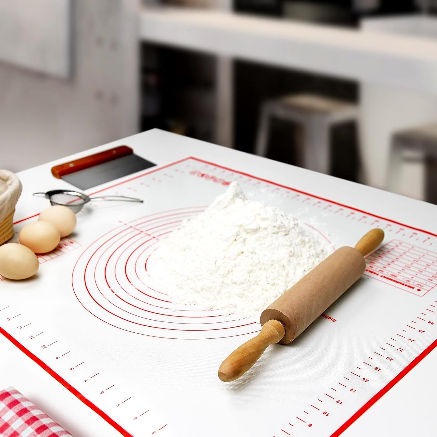 Silicone Pastry Baking Mat with Measurements Extra a Brush and a Dough Scraper- 27.5” x 20” Heat Resistant, BPA Free, Non-Stick Non-Slip Pastry Mat for Rolling Dough, Easy to Clean, Red