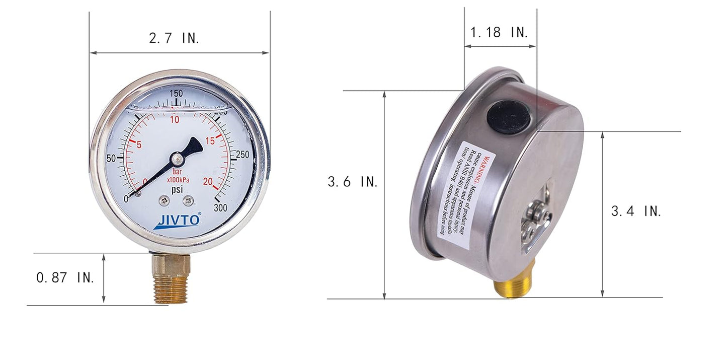 Pressure Gauge,Glycerin Liquid Filled,2-1/2" Dual Scale Dia,0-300 psi/bar/kpa,1/4" NPT Male Brass Connection,Lower Mount, Stainless Steel Case,for Pneumatic,Pump,Hose,Well Tank,Gas Air Water Oil