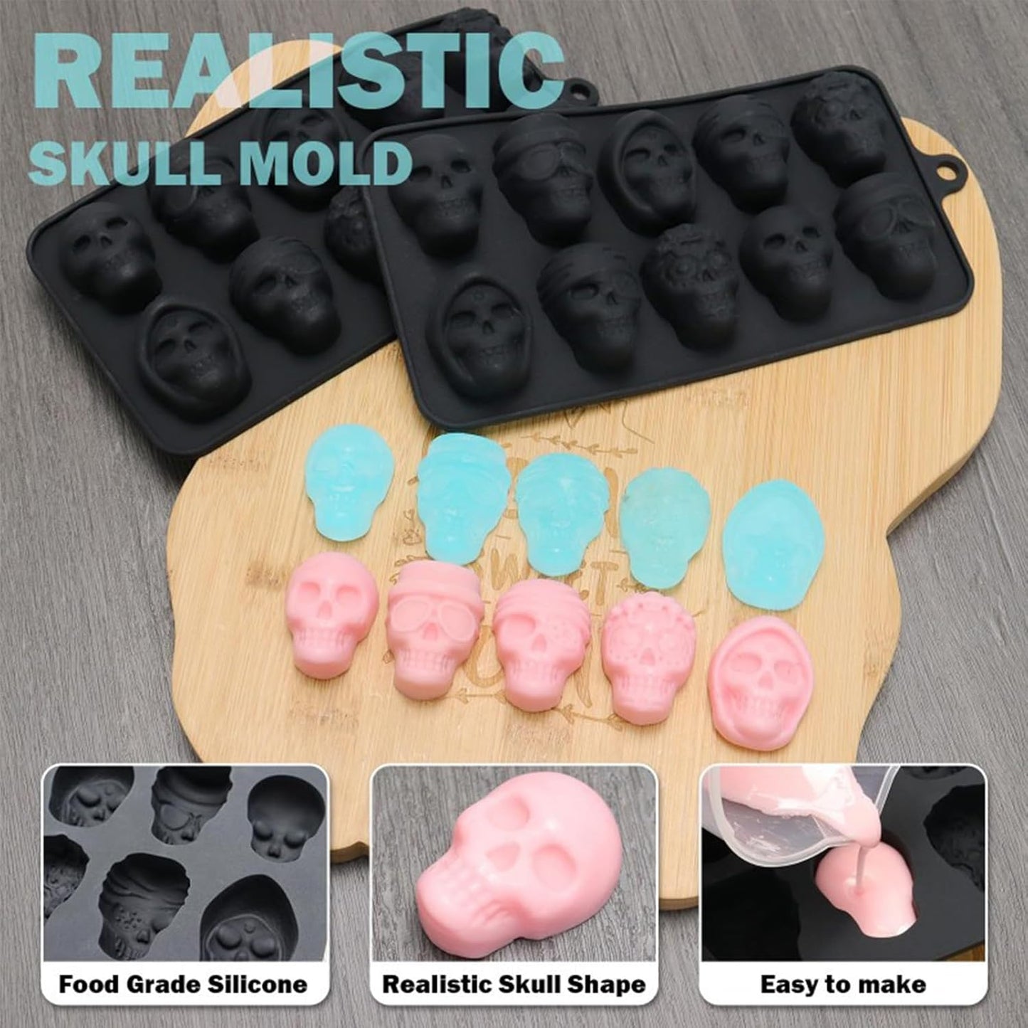 10 Cavity Skull Chocolate Molds,Halloween Silicone Skull Candy Mold for Jelly Crayon Resin, Pack of 2