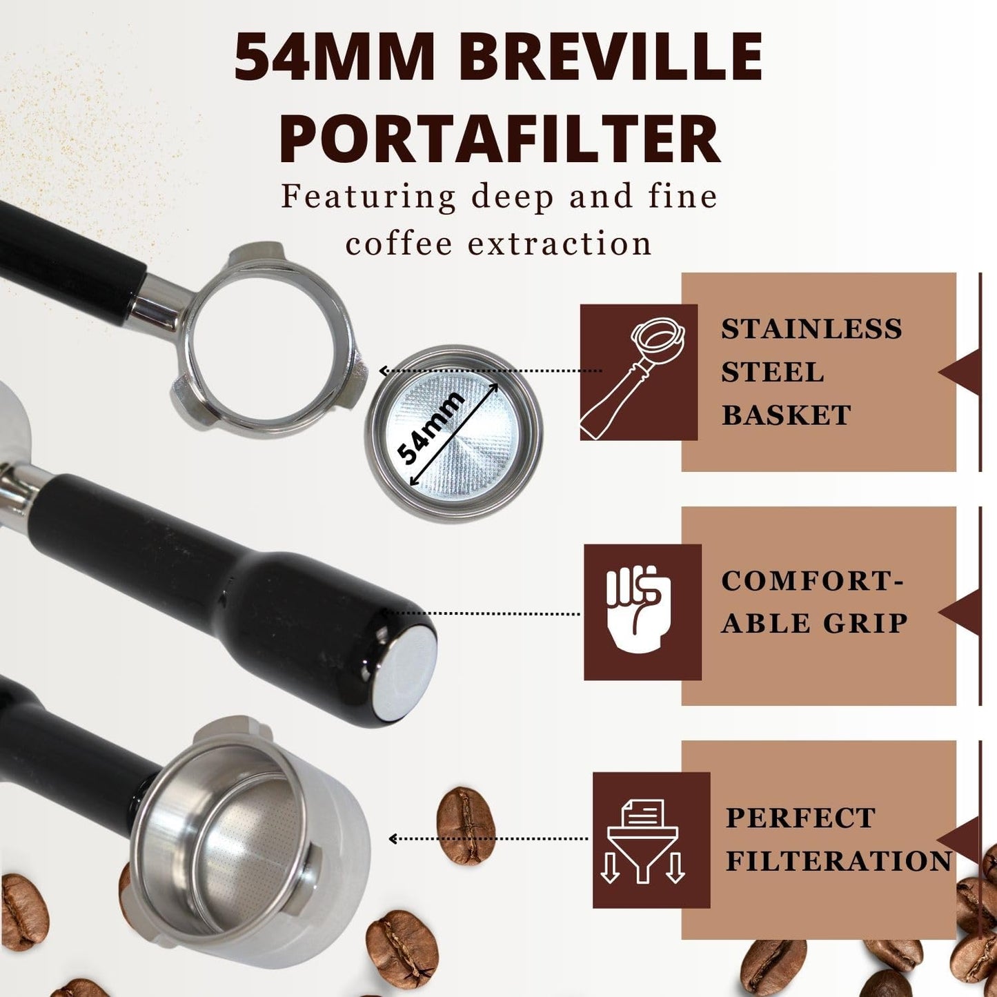 Espresso Portafilter 54mm Bottomless - Compatible with Breville Duo-temp, Infuser, Bambino, Barista Express, Barista Touch, and Barista Pro Espresso - Stainless Steel Filter Basked Included