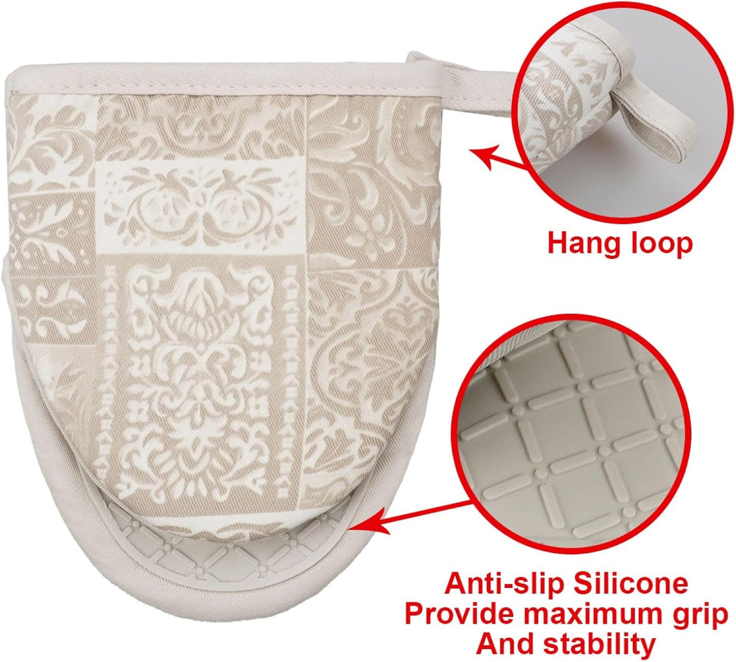 Mini Silicone Oven Mitts, Heat and Slip Resistant Kitchen Mittens 2-Pack Set, Khaki Patchwork Flower Soft Short Oven Gloves, Flexible Thick Pot Holders for Safe Cooking Baking & Grill (Khaki)