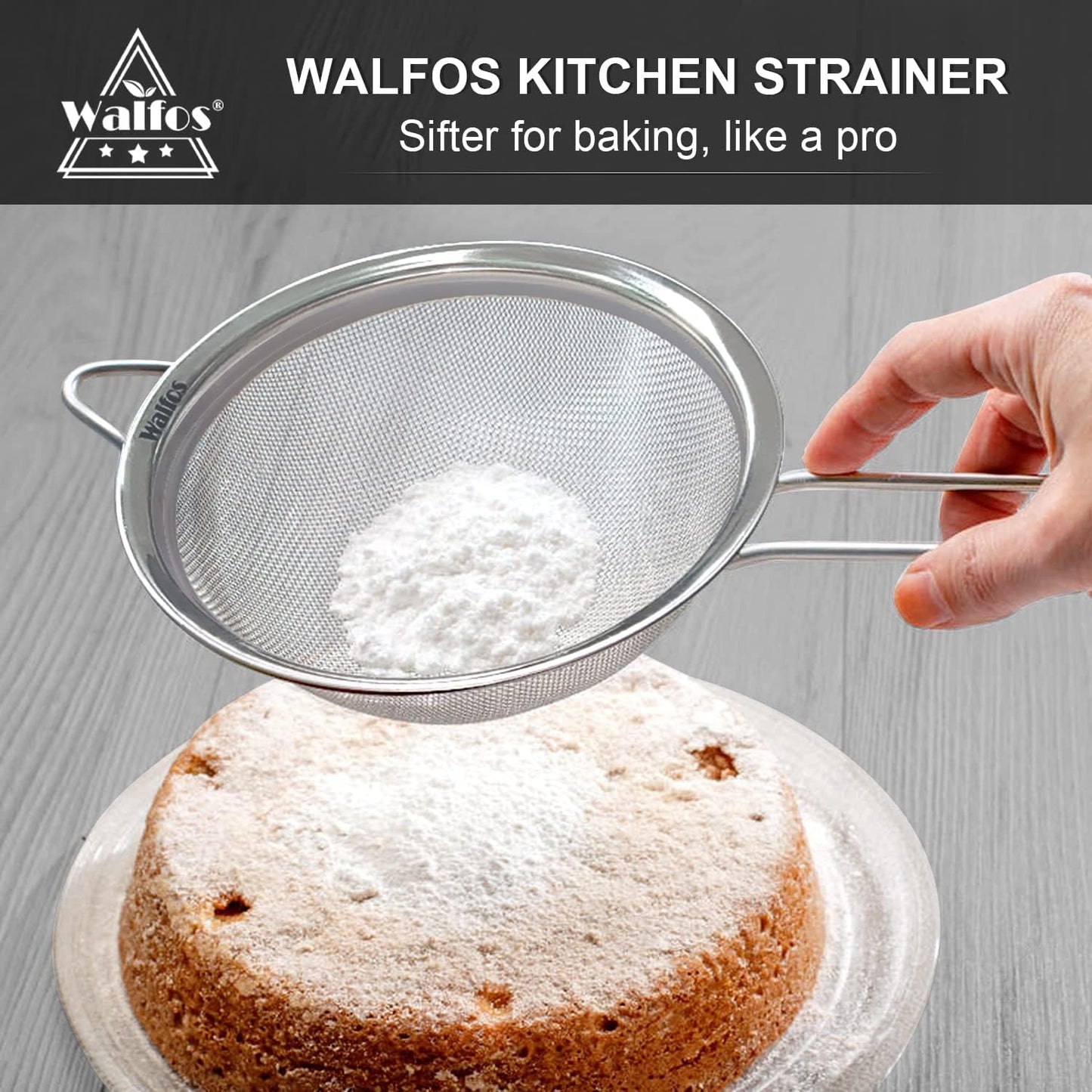 Walfos Fine Mesh Strainer 4PCS, Versatile Kitchen Strainer with Handle - 7", 5", 3.3", 2.8" Sieve Fine Mesh Stainless Steel, Metal Strainers and Sifters for Rice, Quinoa, Tea, Cocktail, Pasta, Juice