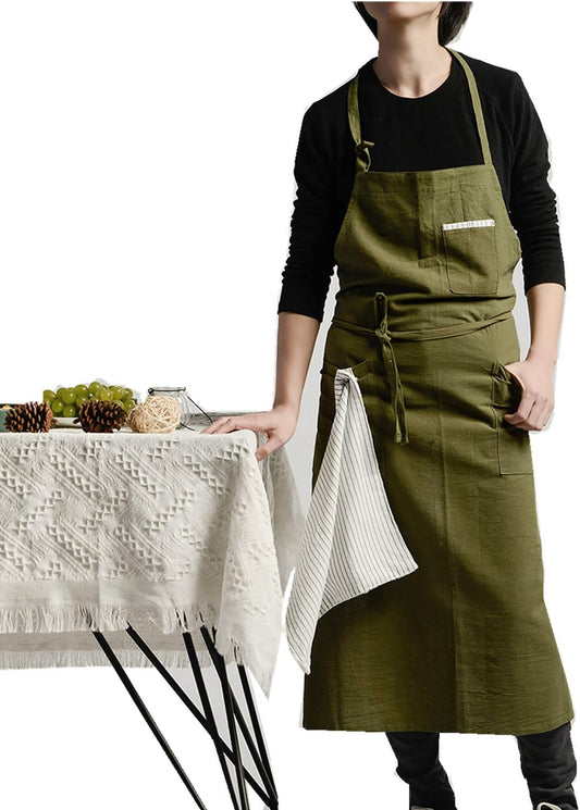 Adjustable Japan Nordic Style Soft Cotton Linen Apron with Four Pockets A Towel