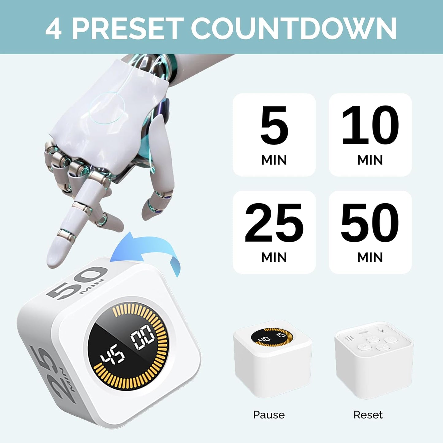 KADAMS Pomodoro Cube Timer Productivity Visual Timer - 5/10/25/50 Min Rotating Countdown, Customize Countup Silent Mode- for Work Study Cook Workout Kitchen Back to School Classroom (White)