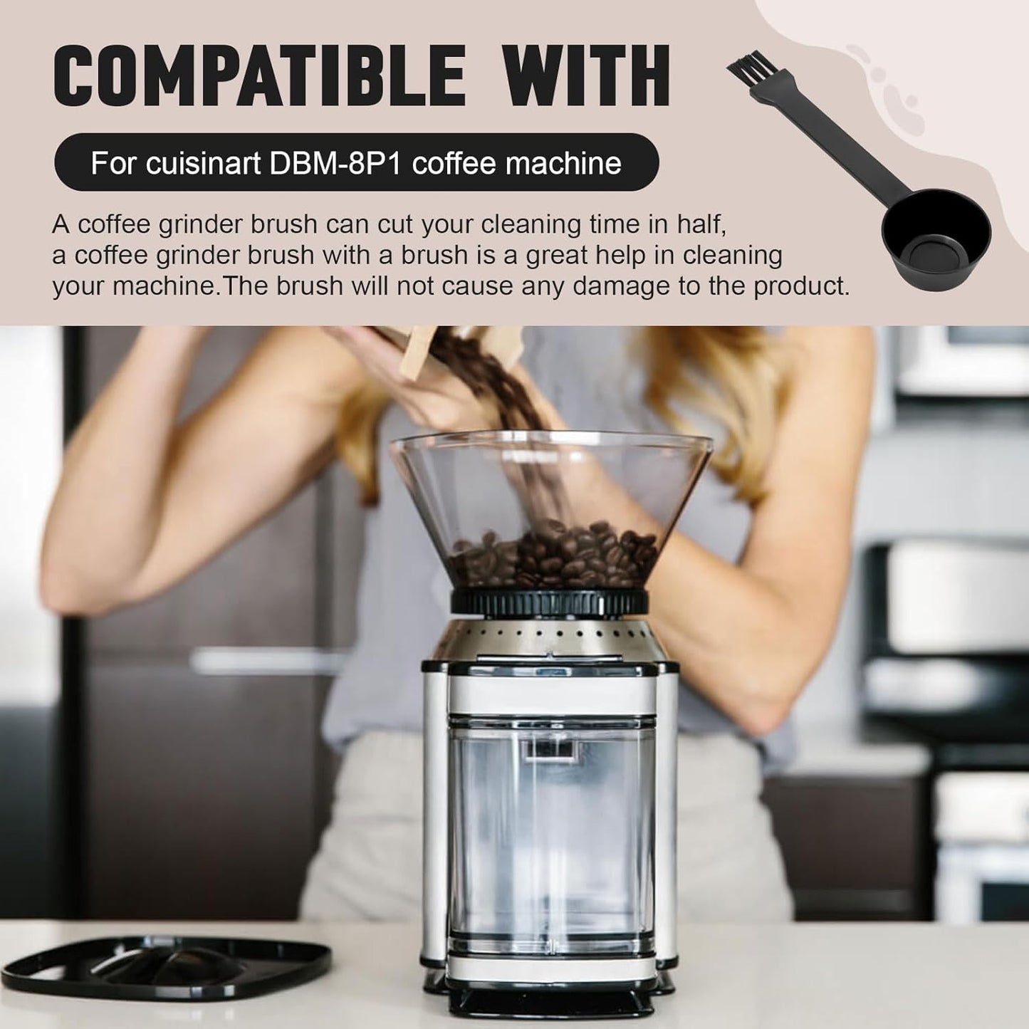 Coffee Spoon With Espresso Grinder Brush 2 in 1 Brush Compatible for Cuisinart DBM-8P1 Coffee Machine Brush for Coffee Grinder Cleaner Scooping Coffee Powder(2PCS)