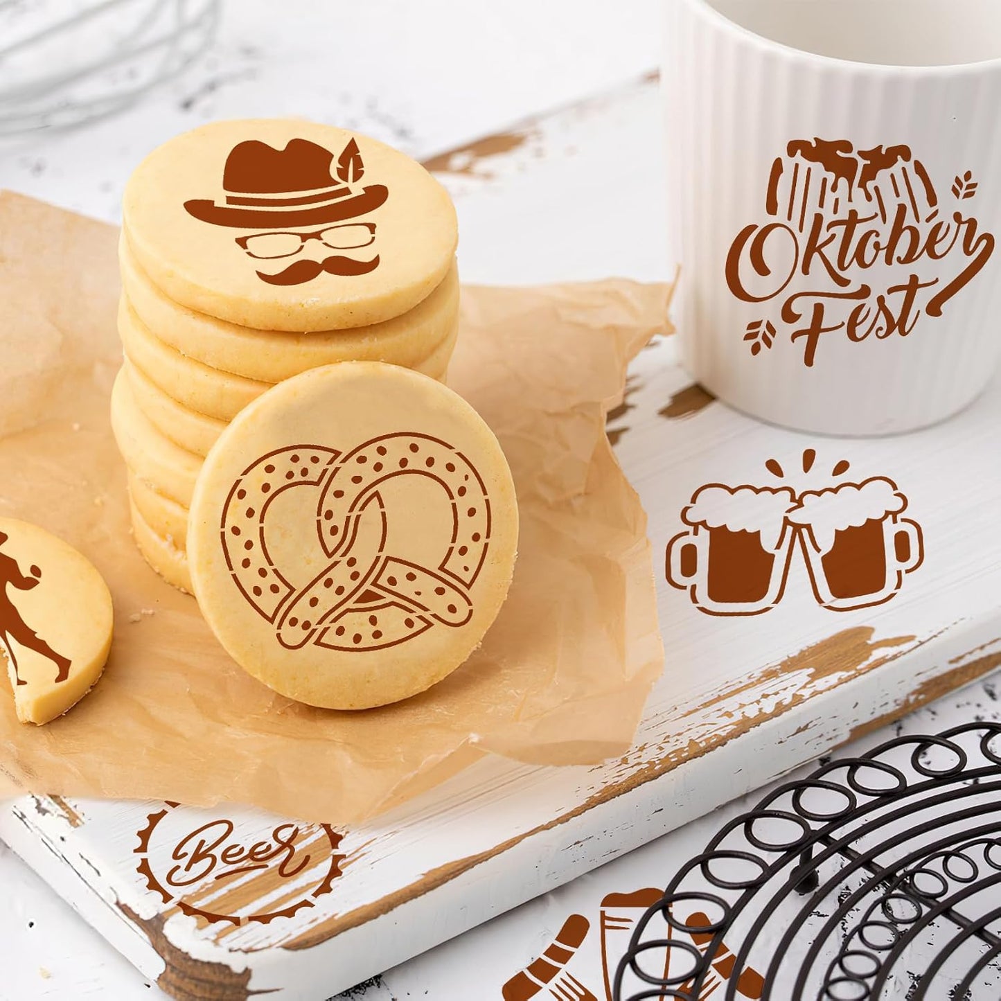 JULBEAR 36 Pieces Reusable Oktoberfest Cookie Cake Stencils Bavarian Style Templates Mold Tools for Oktoberfest Party Cookies Baking Painting Coffee Decoration