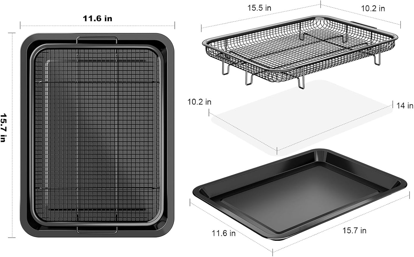 Air Fryer Basket for Oven, OPENICE 15.6" x 11.6" Air Fryer Tray and Pan Set with 30PCS Parchment Papers, Stainless Steel Oven Air Fryer Basket and Tray for Baking Grilling - Black