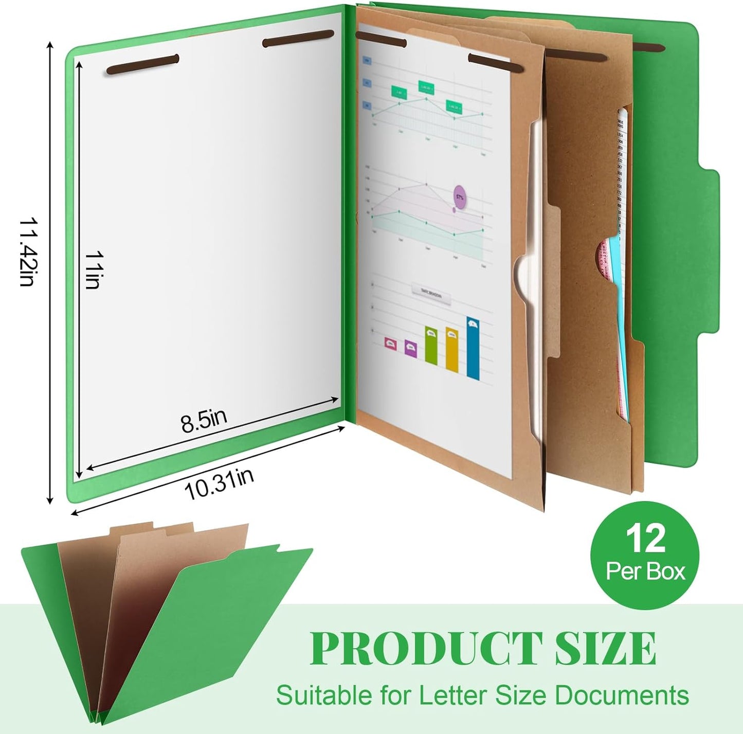 12 Pcs Classification Folders Letter Size, Back to School Supply for Teacher, Student, 2 Pocket Dividers Pressboard File Folder Bulk with 2 Fasteners, 2 in Expanding File Organizer (Green)