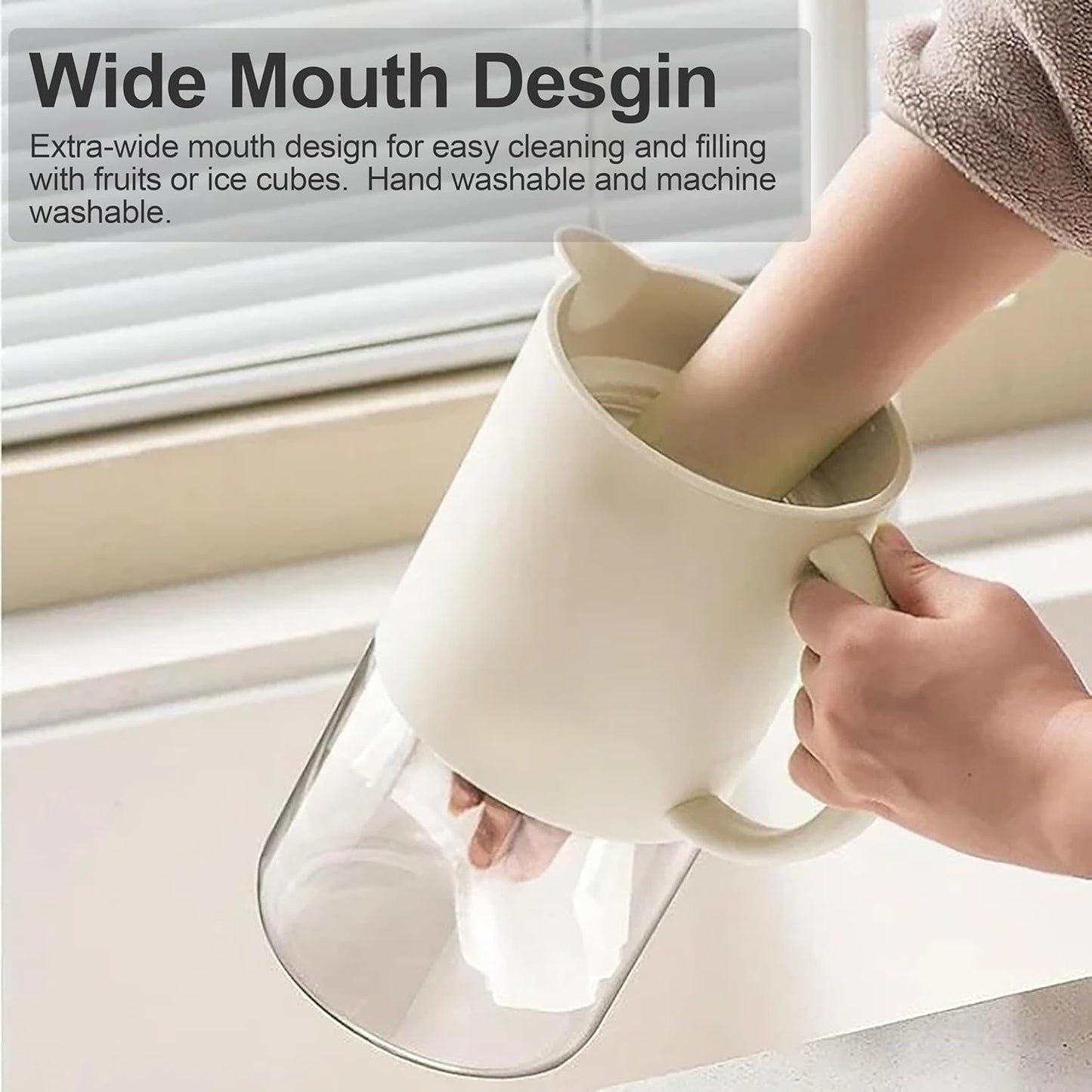 Delove Borosilicate Glass Pitcher with Lid & Auto Spout – Shatterproof Plastic Shell, Wide Mouth Design – 62 oz (1.9 Quart) Jug for Cold/Boiling Water, Iced Tea, Juice (1, Beige)