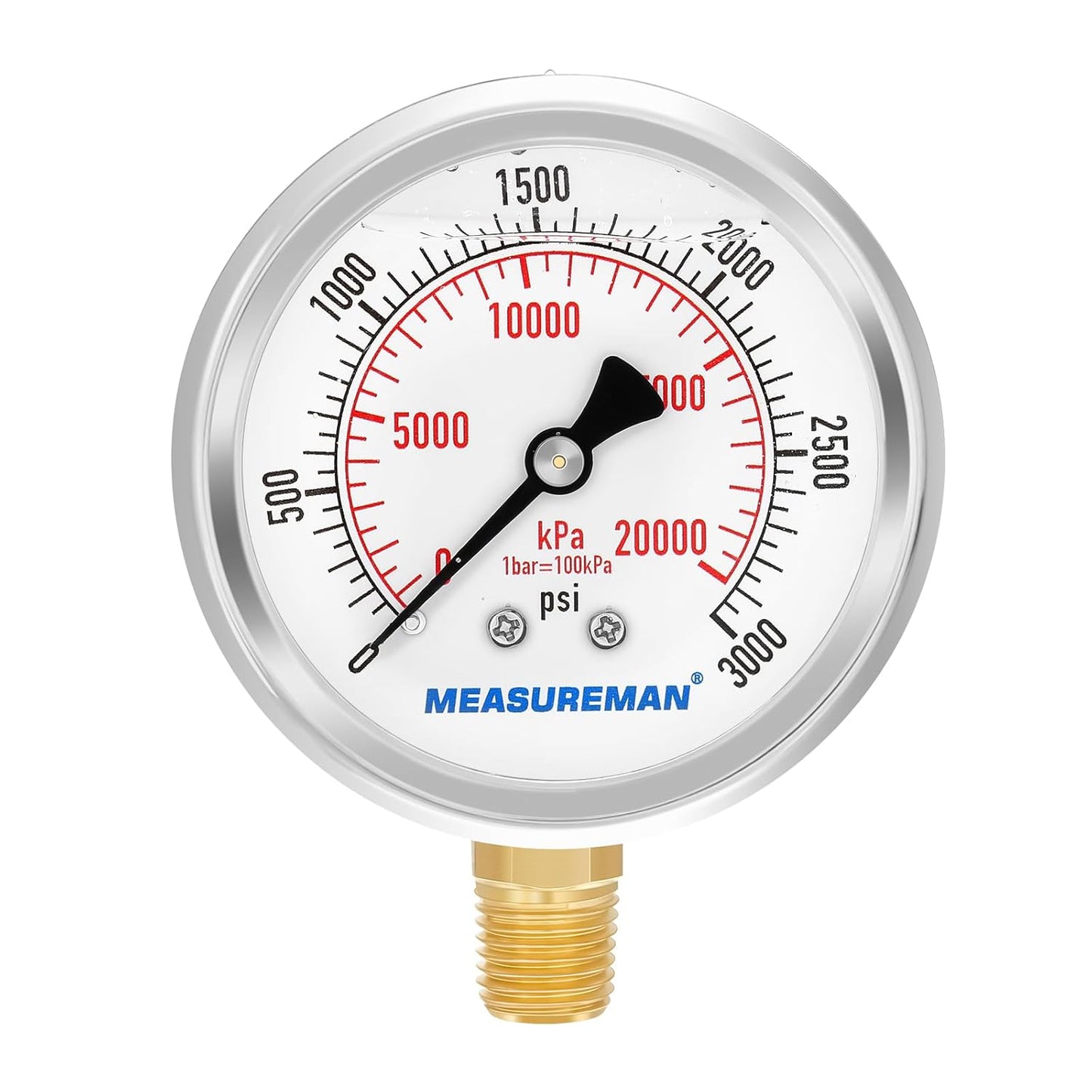 MEASUREMAN 2-1/2" dial,Glycerin Filled, Stainless Steel case, Brass Inside, 0-3000psi/kpa,1/4" NPT Lower Mount