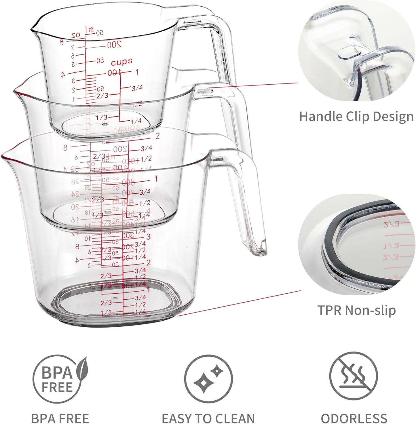 3PCS Nesting Liquid Measuring Cups Set, Measuring Jugs For Kitchen 1 Cup/250ml/8oz, 2 Cup/500ml/16oz,4 Cup/1000ml/32oz - BPA Free Plastic Set with Spout Multiple Measurement Scales (Clear)