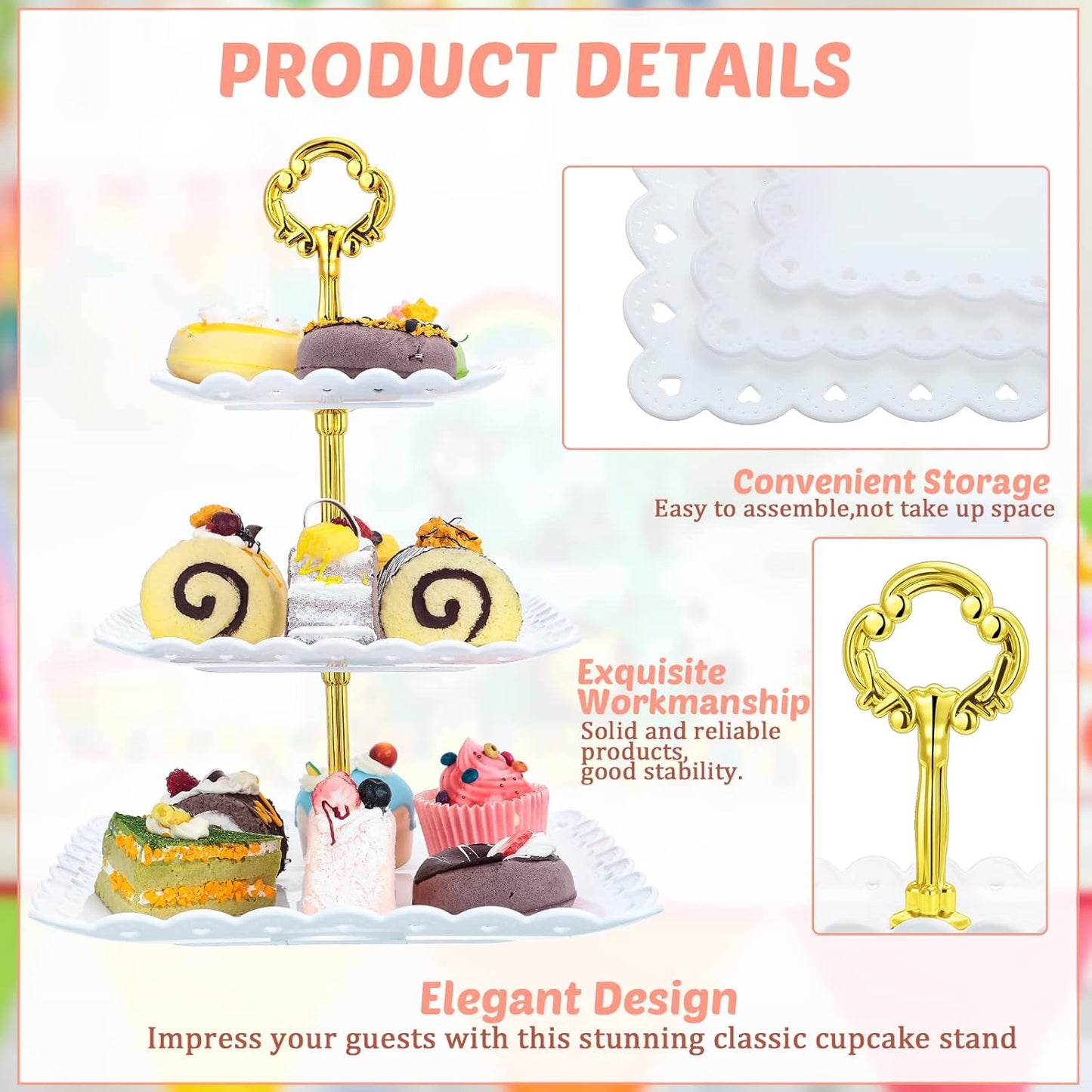 6 Sets of 3 Tier Plastic Cupcake Stand, White Plastic Tiered Serving Stand for Cupcake Stands for Dessert Table Mini Cake Fruit Snack Square Dessert Display Trays for Wedding Birthday