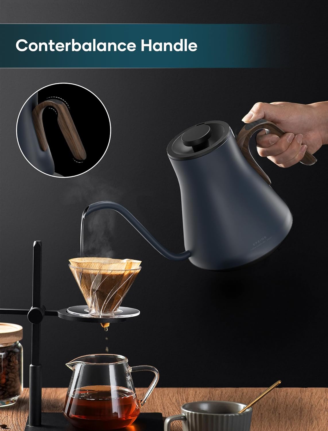 Electric Kettles, INTASTING Gooseneck Electric Kettle, ±1℉ Temperature Control, Stainless Steel Inner, Quick Heating, for Pour Over Coffee, Brew Tea, Boil Hot Water, 0.9L (Navy Blue)