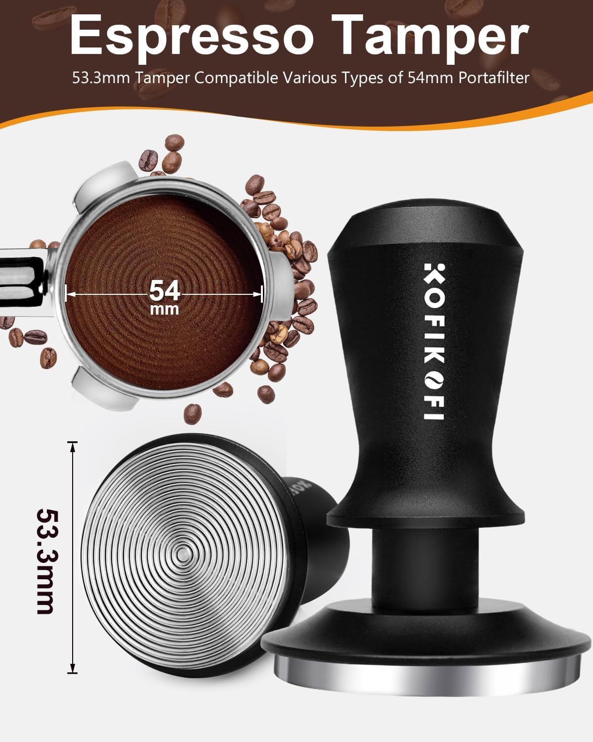53.3mm Espresso Tamper, Coffee Tamper with Stainless Steel Ripple Base, Barista Espresso Coffee Tamper with 30lbs Spring Loaded and Aluminum Handle Fits for Breville Series 54mm Portafilter